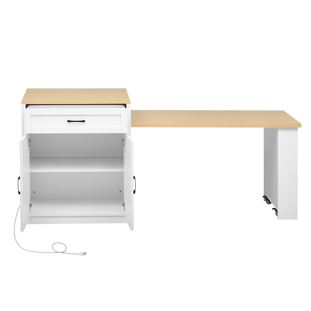 Kitchen Island with Extendable Table, Double-Sided Storage, Power Outlet, Adjustable Shelves, Lockable Wheels, 83" L x 27.5" W x 36" H, White Oak