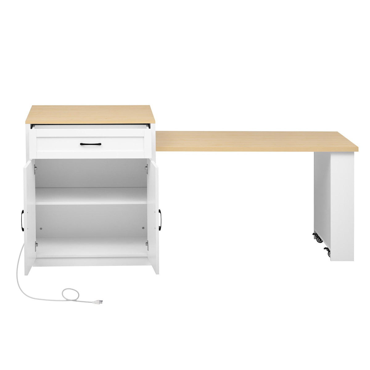 Kitchen Island with Extendable Table, Double-Sided Storage, Power Outlet, Adjustable Shelves, Lockable Wheels, 83" L x 27.5" W x 36" H, White Oak