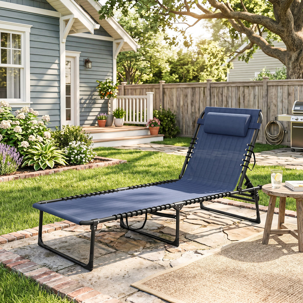 Folding Chaise Lounge Pool Chair with 4-Position Reclining Back, Pillow, Breathable Mesh & Bungee Seat, Dark Blue