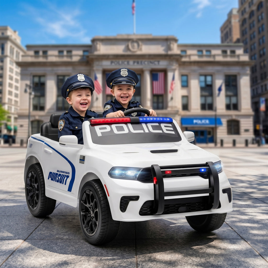 Licensed Ride On Police Car for Kids with 2 Seater, Remote, Suspension, Flashing Lights, Siren for Ages 3-6, White