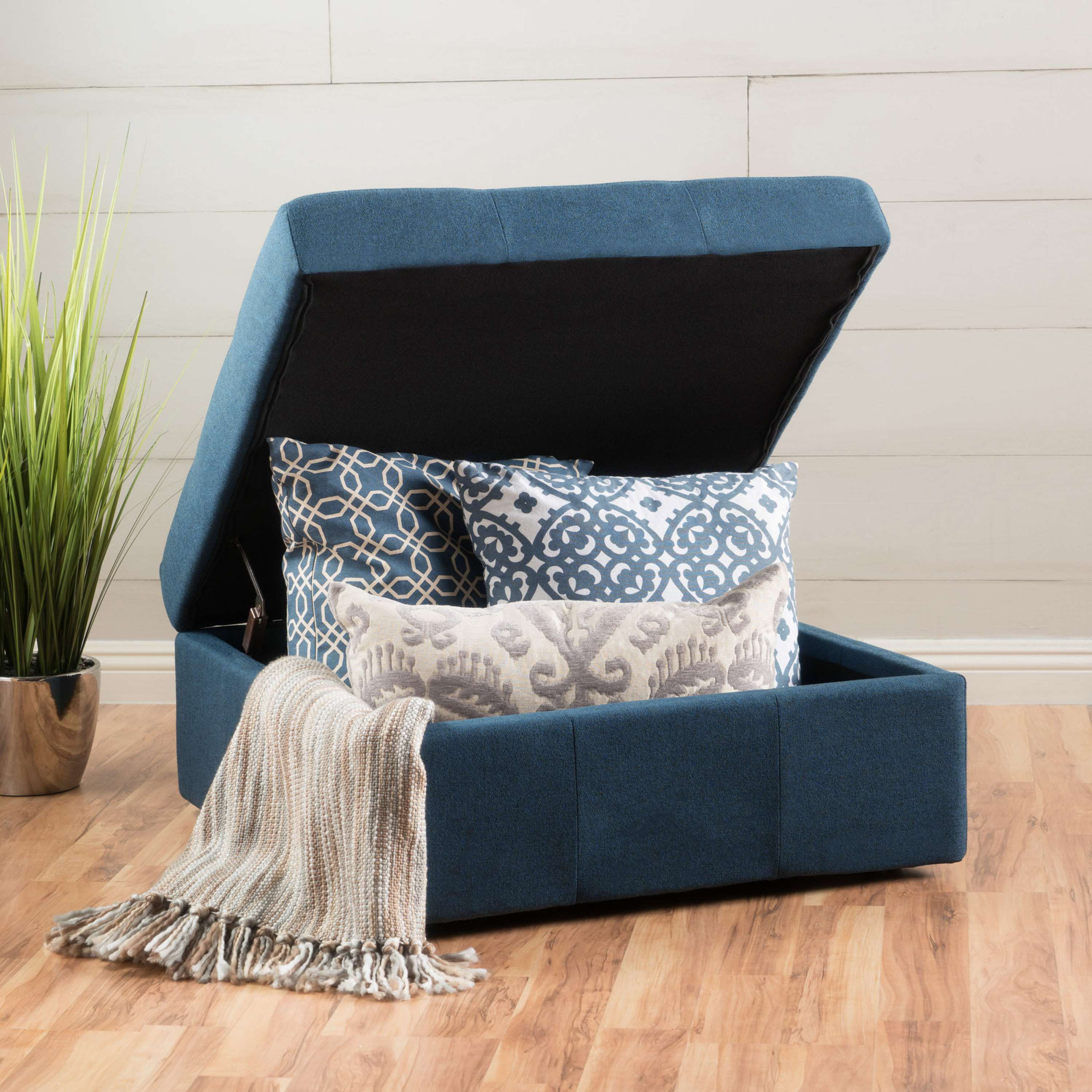 Storage Ottoman with Tufted Waffle Stitch, Contemporary Design, Ample Storage Space, Rolling Casters, 31" L x 31" W x 15.25" H, Navy Blue