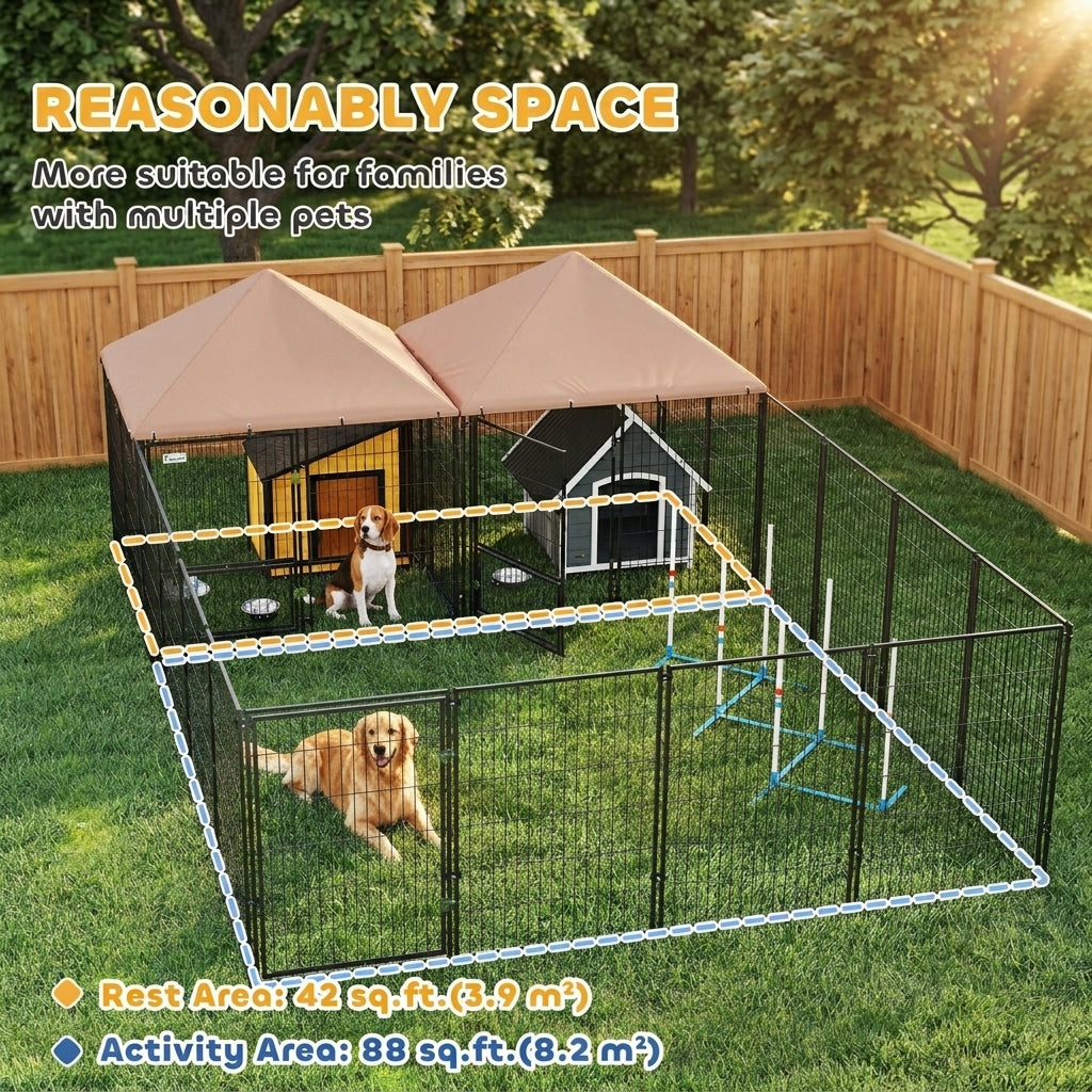Large Outdoor Dog Kennel with 2 Rooms, Rotating & Adjustable Height Bowls, 13.5' x 9.4' x 5.1'