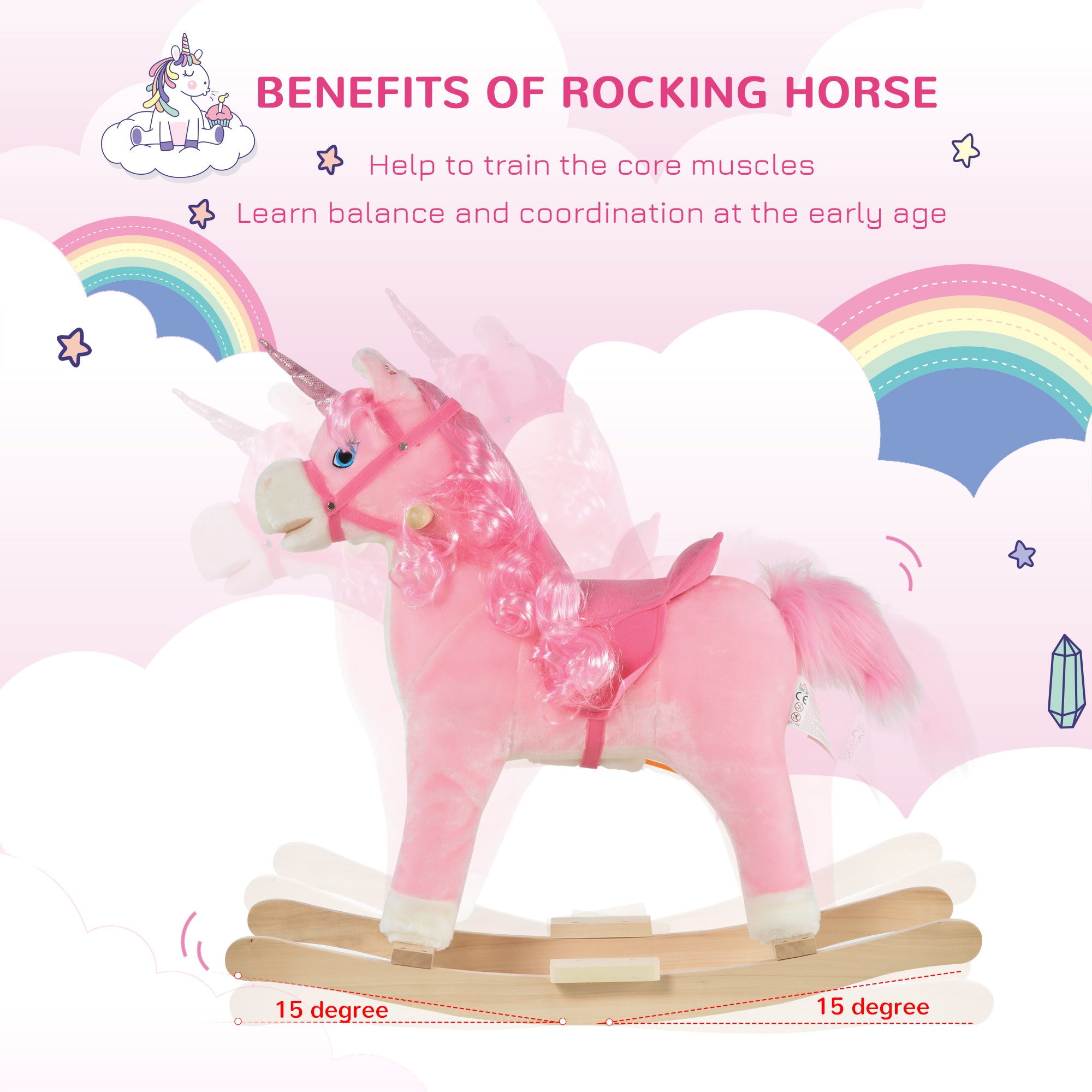Kids Rocking Horse, Ride on Unicorn with Wooden Base, Tail Wag & Sounds for Toddlers 3-6 Years Old, Pink