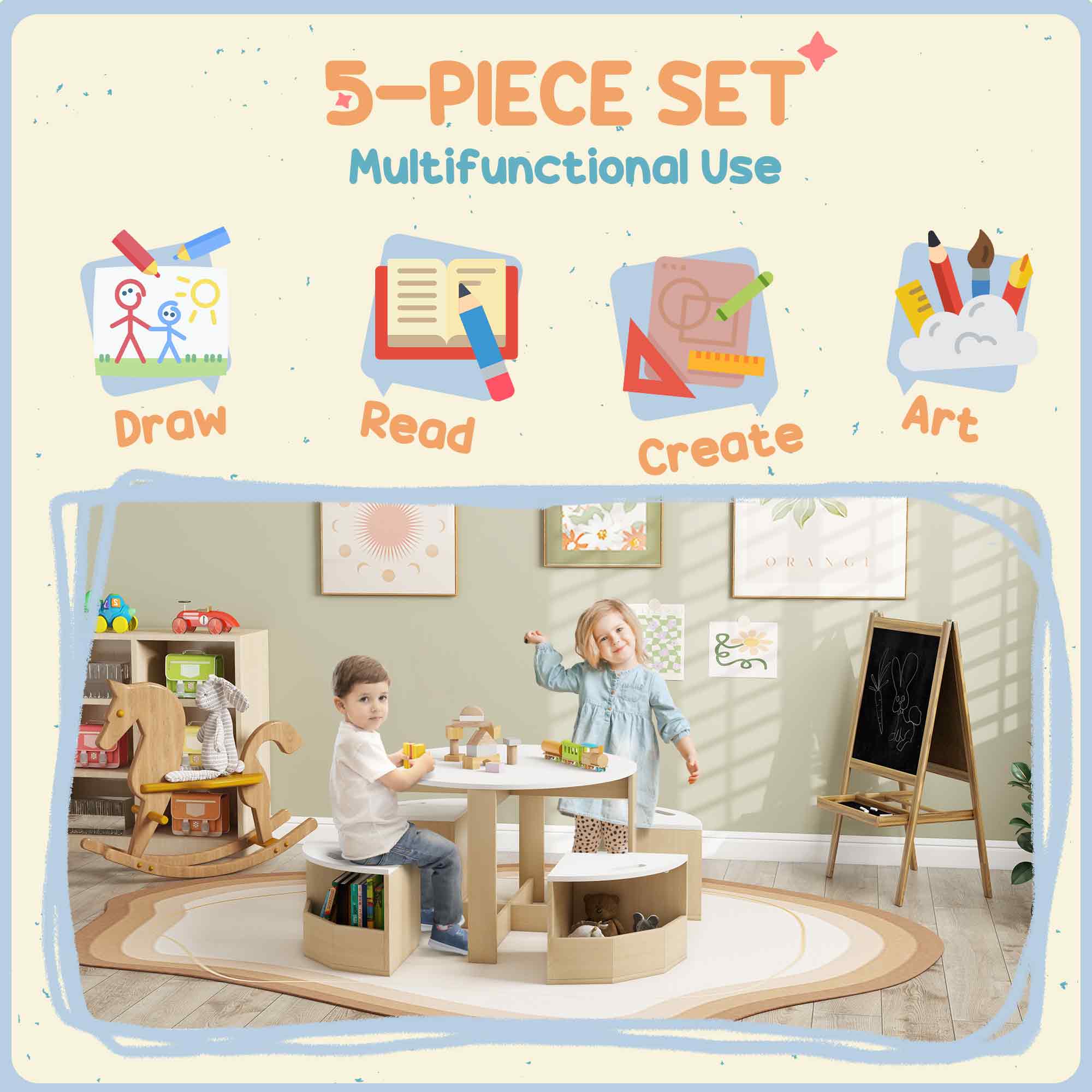 5 Piece Kids Table and Chairs Set with Storage for Art, Craft, Drawing, Playroom, Classroom, Nursery, White