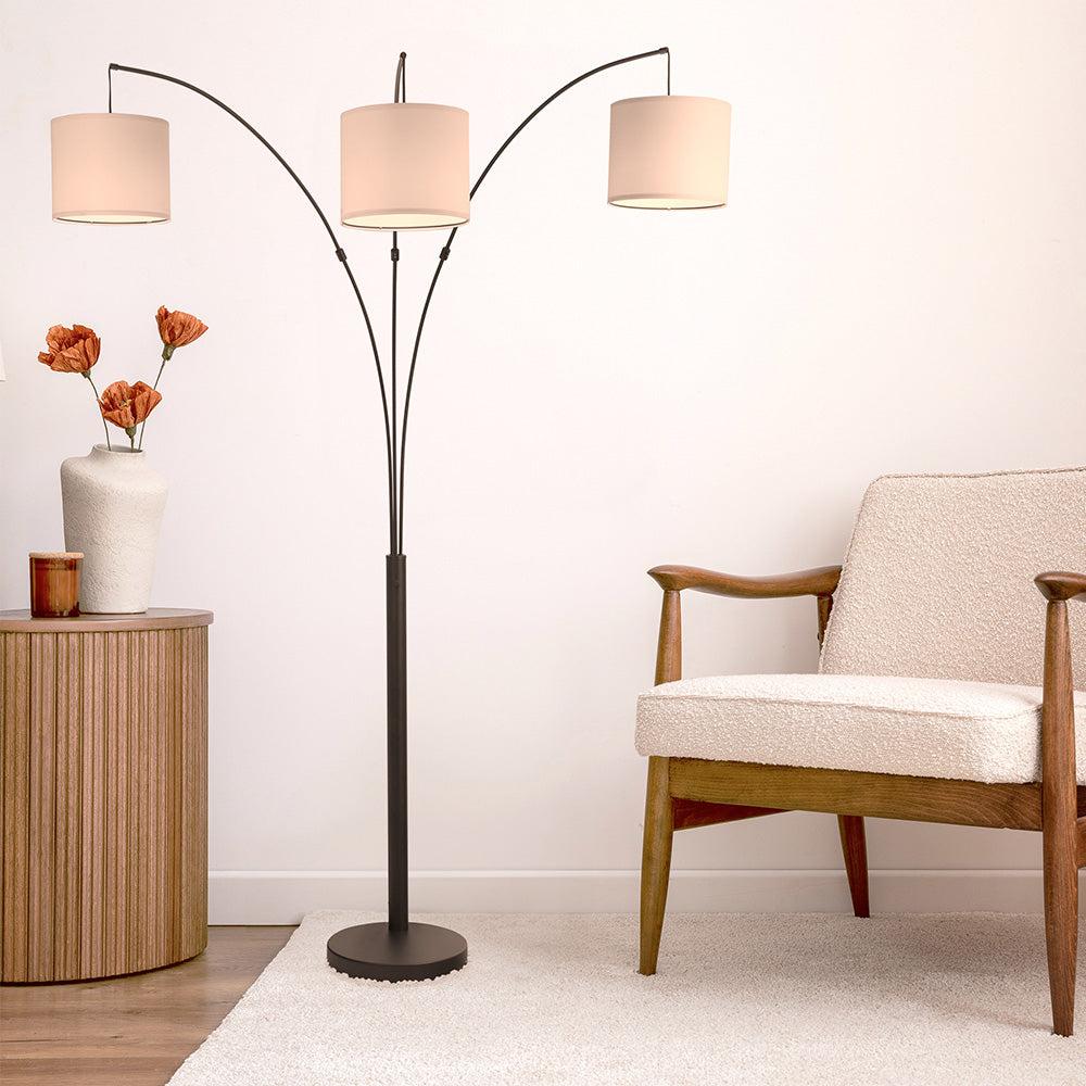 Royal 3-Arm Metal Arc Floor Lamp with Linen Shade, 4-Way Rotary Switch, Elegant Design, 73" L x 38" W x 82"H, Bronze