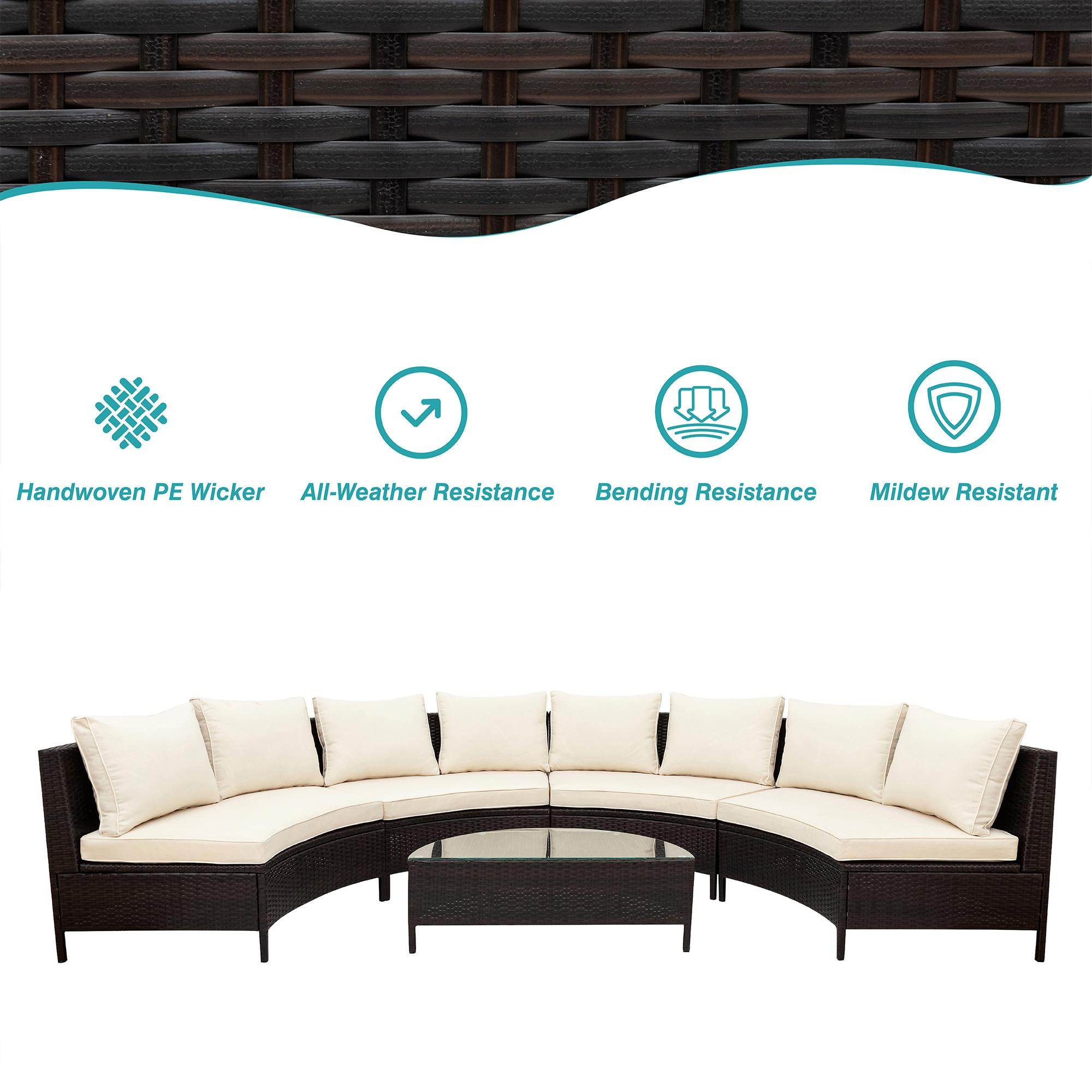 5 Piece Half-Moon Patio Sectional with Glass Table, All-Weather Wicker Sofa with Thick Cushions, 47.5" L x 27" W x 27" H, Beige