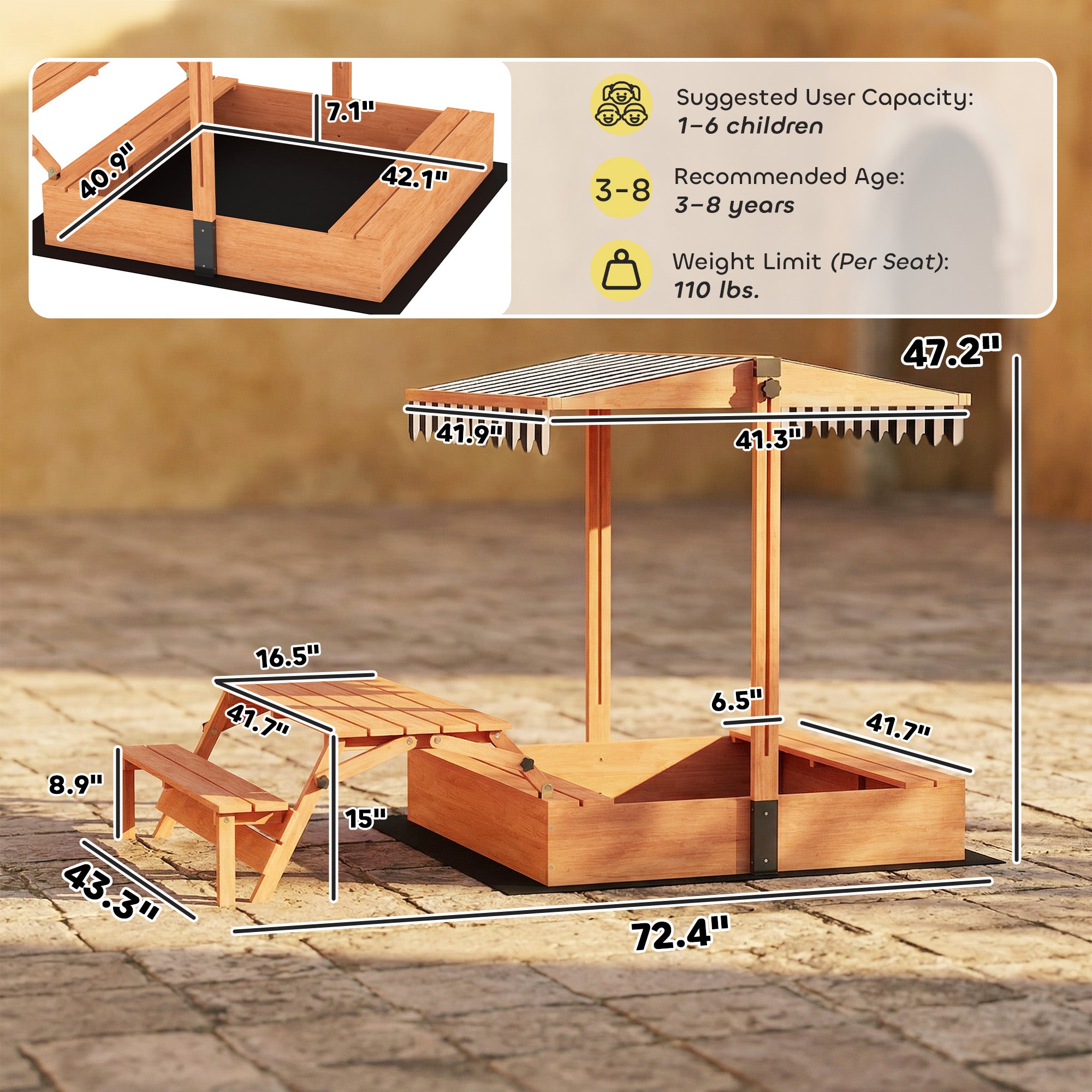 Kids Sandbox with Lid, Wooden Sand Pit with Canopy, Foldable Picnic Table, Bench Seats, Bottom Liner, Cover, Brown