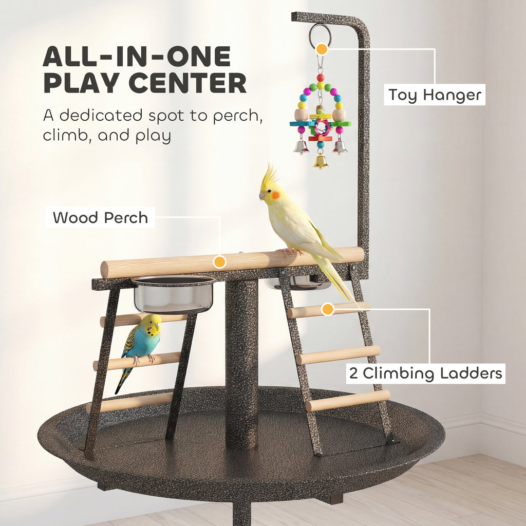 Bird Stand with Wheels Parrot Play Stand with Round Tray Stainless Steel Feed Bowls Indoor Outdoor Dark Gray