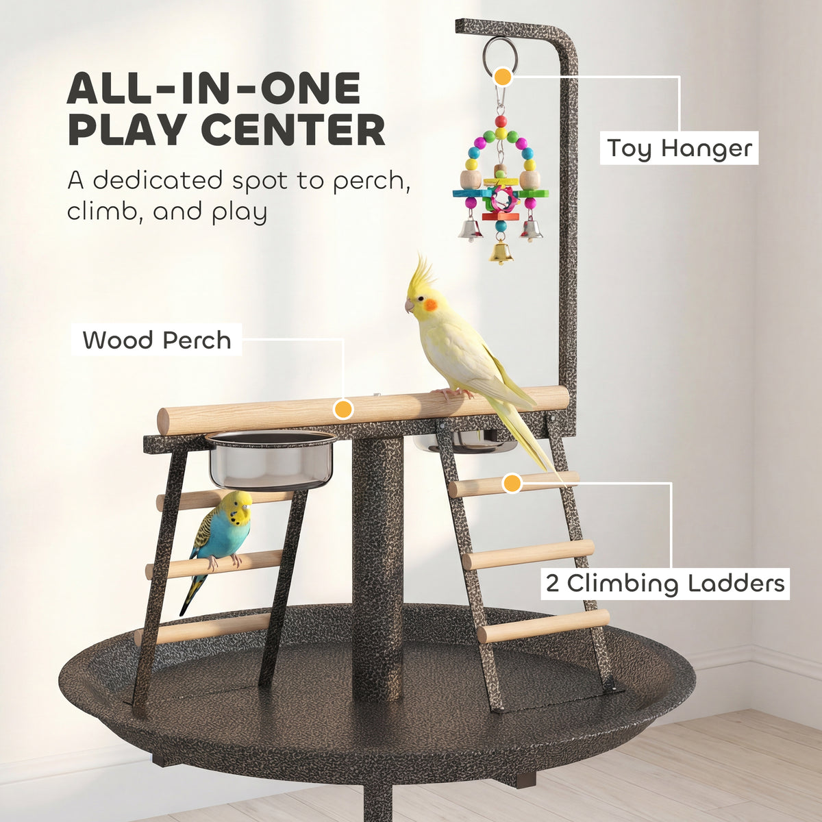 Bird Stand with Wheels Parrot Play Stand with Round Tray Stainless Steel Feed Bowls Indoor Outdoor Dark Gray