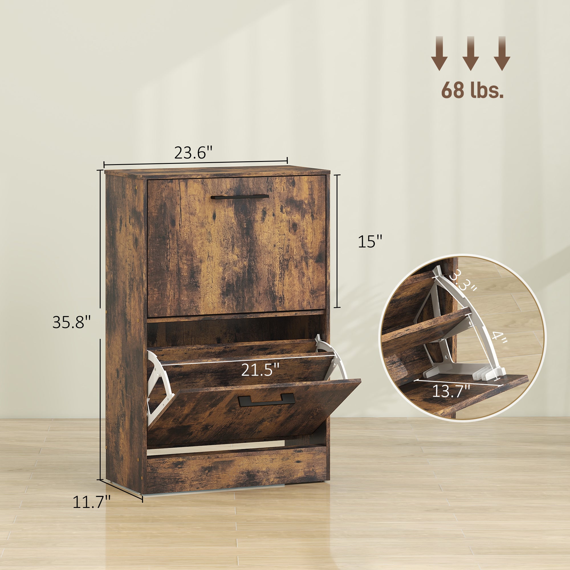 Shoe Cabinet 2 Flip Drawers Narrow Shoe Storage Unit Adjustable Dividers Entryway Hallway Rustic Brown