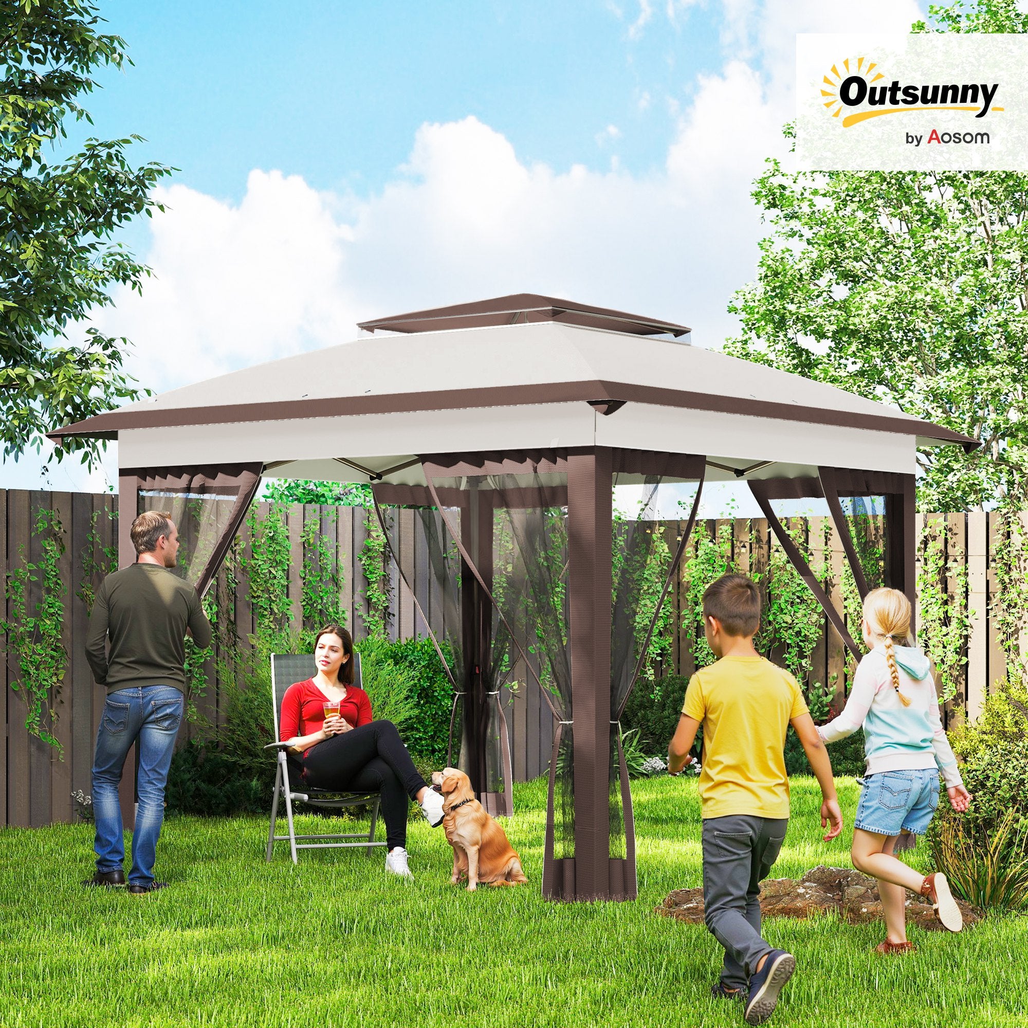 12' x 12' Pop Up Canopy Tent with Netting and Carry Bag, Instant Sun Shelter with 137 sq.ft Shade, Beige and Brown