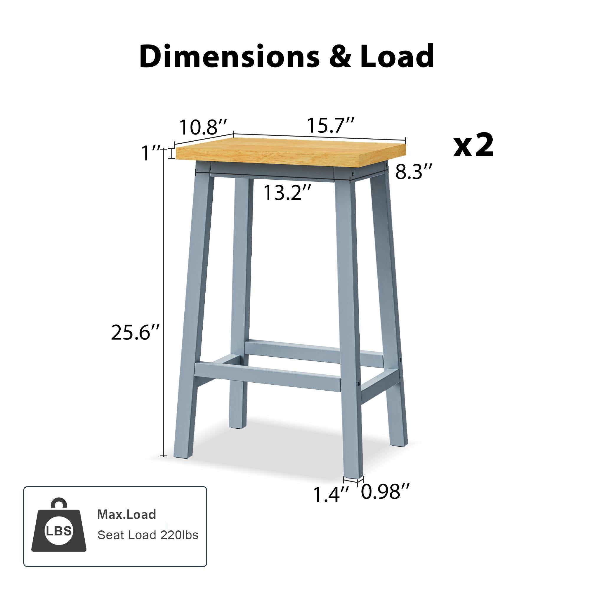 Solid Wood Bar Stools Set of 2, Tall Kitchen Counter Stools with Footrests, Farmhouse Style, Anti-Scratch Pads, 16" L x 11" W x 25.5" H, Gray+Blue