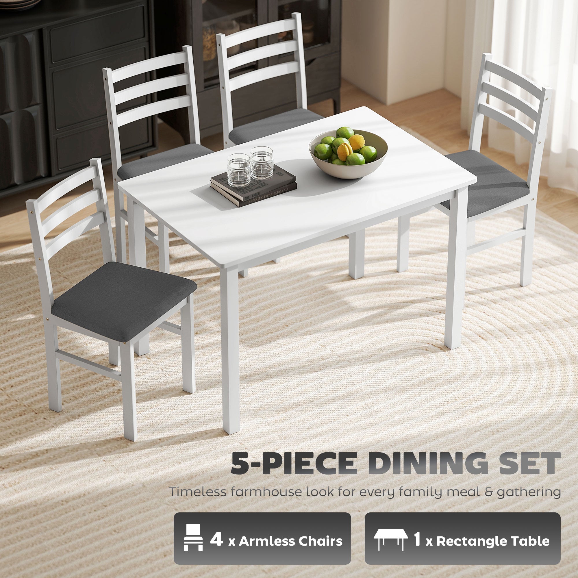 5-Piece Small Kitchen Table Set for 4, Farmhouse Dining Table Set with Upholstered Chairs and Rubber Wood Legs, White