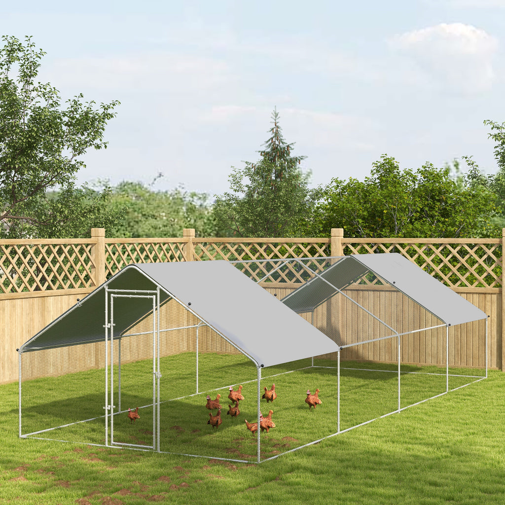 Large Chicken Coop Metal Chicken Run for Chickens with Waterproof and Anti-UV Cover, Spire Shaped Walk in Fence Cage Hen House for Outdoor and Yard Farm Use, 1.3" Dia, 9.8' x 26.2' x 6.4'