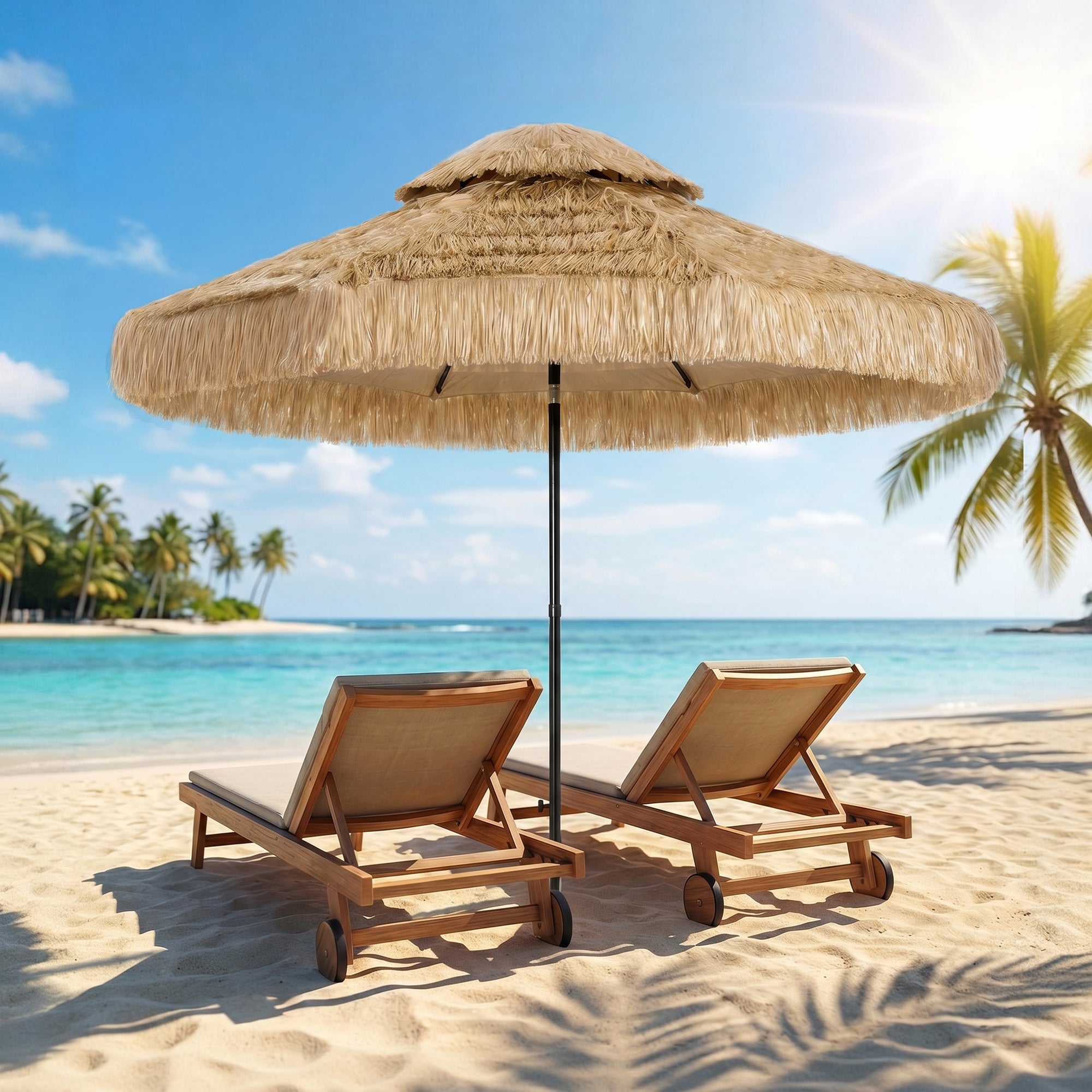 8.5 FT Hula Thatched Tiki Patio Umbrella, 2-Tier Tropical Hawaiian Style Outdoor Umbrella with 8 Ribs, UPF30+, Khaki
