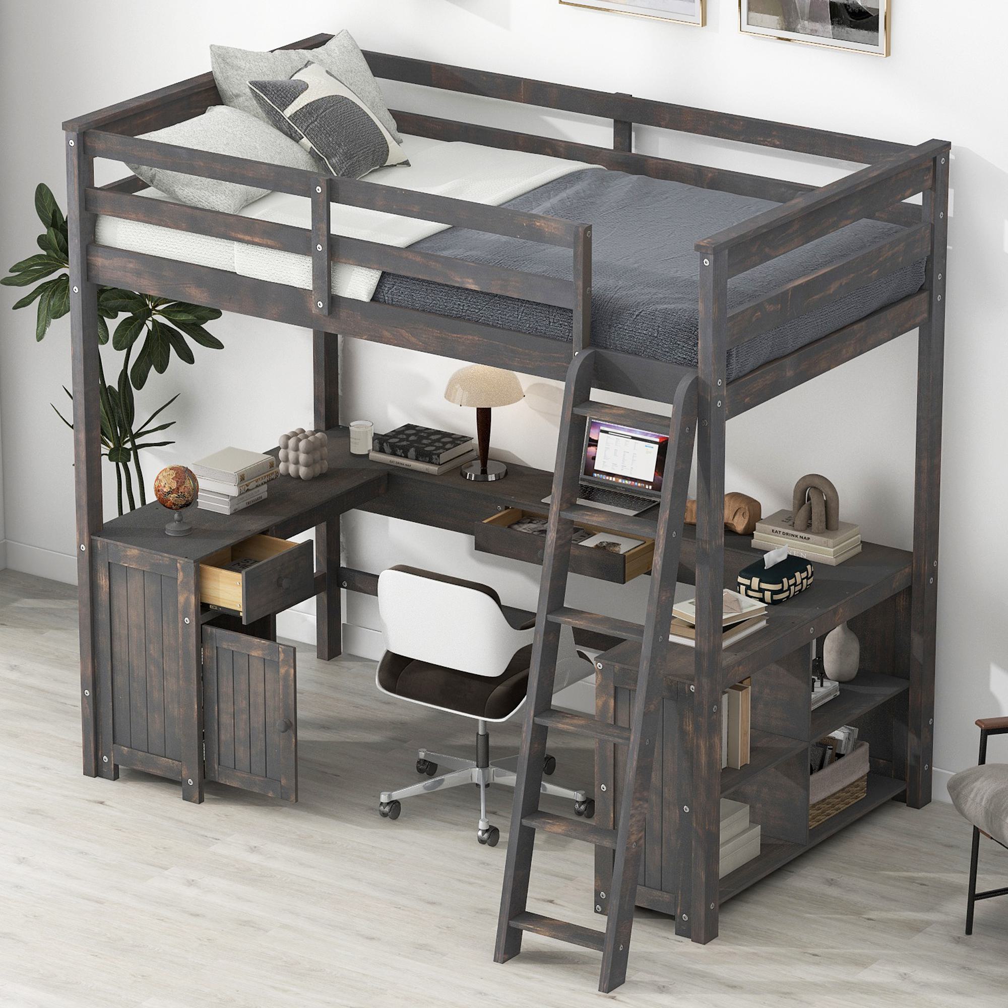 Full Size Loft Bed with U-shaped Desk, Drawers, Storage Shelves, and Sturdy Wood Frame, 77.5" L x 70" W x 75.5" H, Antique Brown