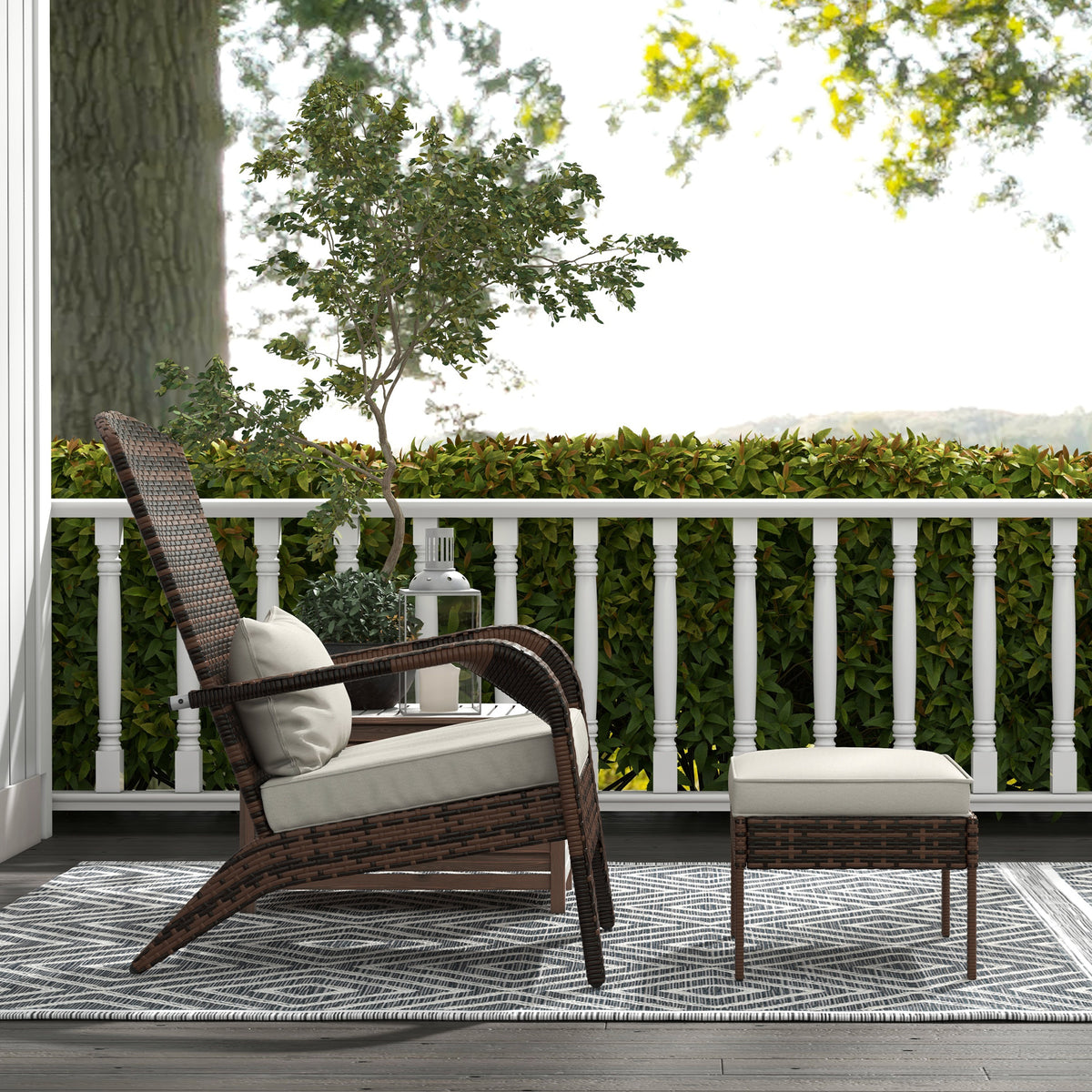 Wicker Adirondack Chair Fire Pit Chair w/ Ottoman & Cushions, White