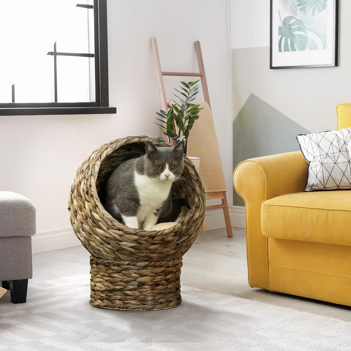 Handwoven Elevated Cat Bed with Soft Cushion & Egg Chair Shape, Basket Bed Kitty House with Stand, Raised Wicker House for Indoor Cats, 20" H, Gray