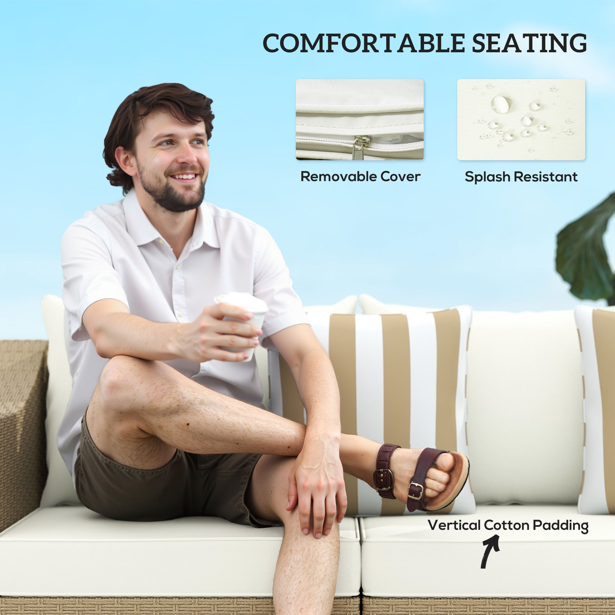 Rattan Wicker 3 Seater Patio Couch with Cushions, 2 Throw Pillows, Outdoor Furniture Rattan Sofa, Cream White