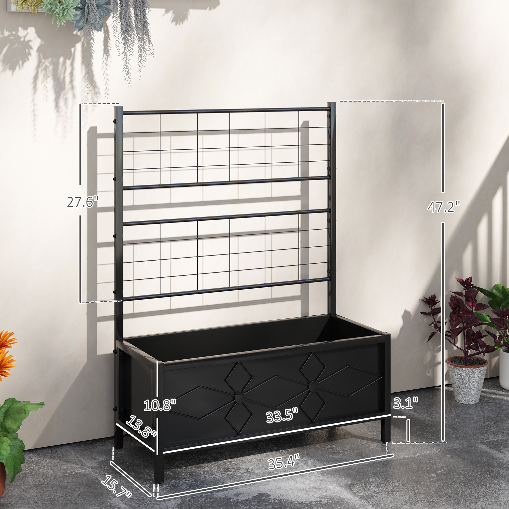 Outdoor Planter Box Galvanized Raised Garden Bed with Trellis for Climbing Vines, 35.4" x 15.7" x 47.2", Black