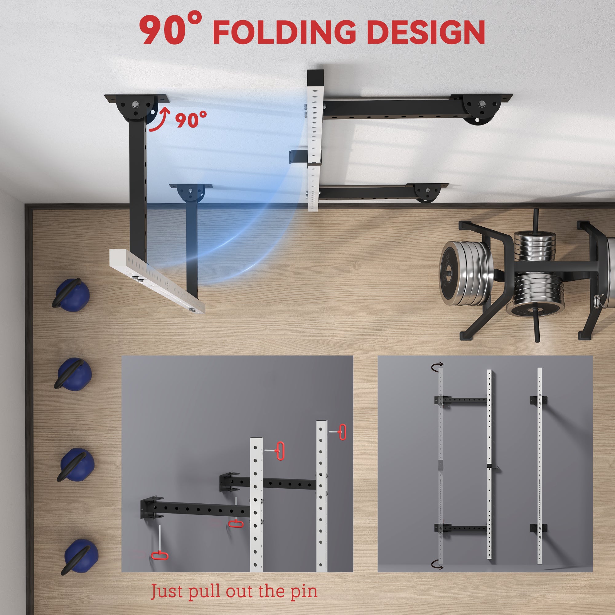 Folding Squat Rack with Pull Up Bar, Wall Mounted and Adjustable, 1000 Pounds Capacity Power Rack, White