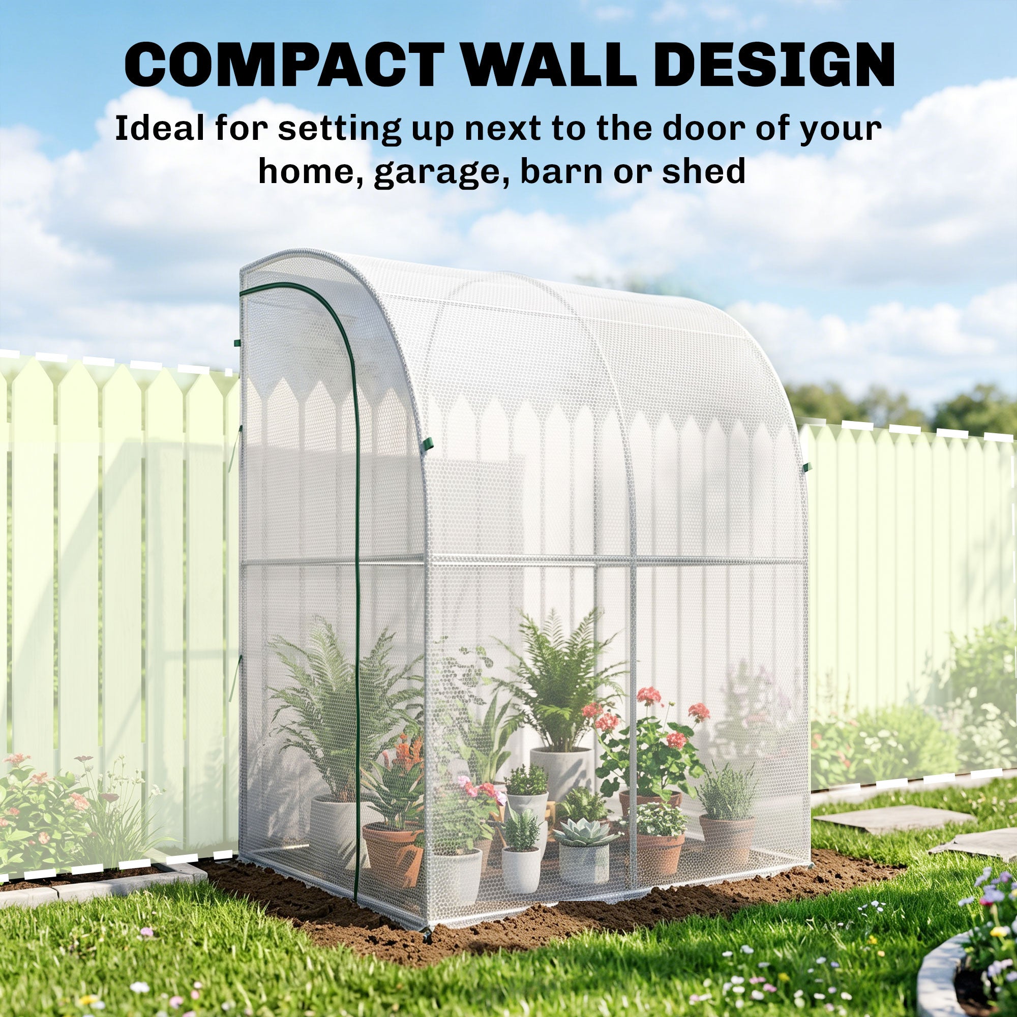 5' x 4' x 7' Outdoor Lean to Greenhouse, Walk-In Green House Plant Nursery with Roll-up Window, PE Cover, White