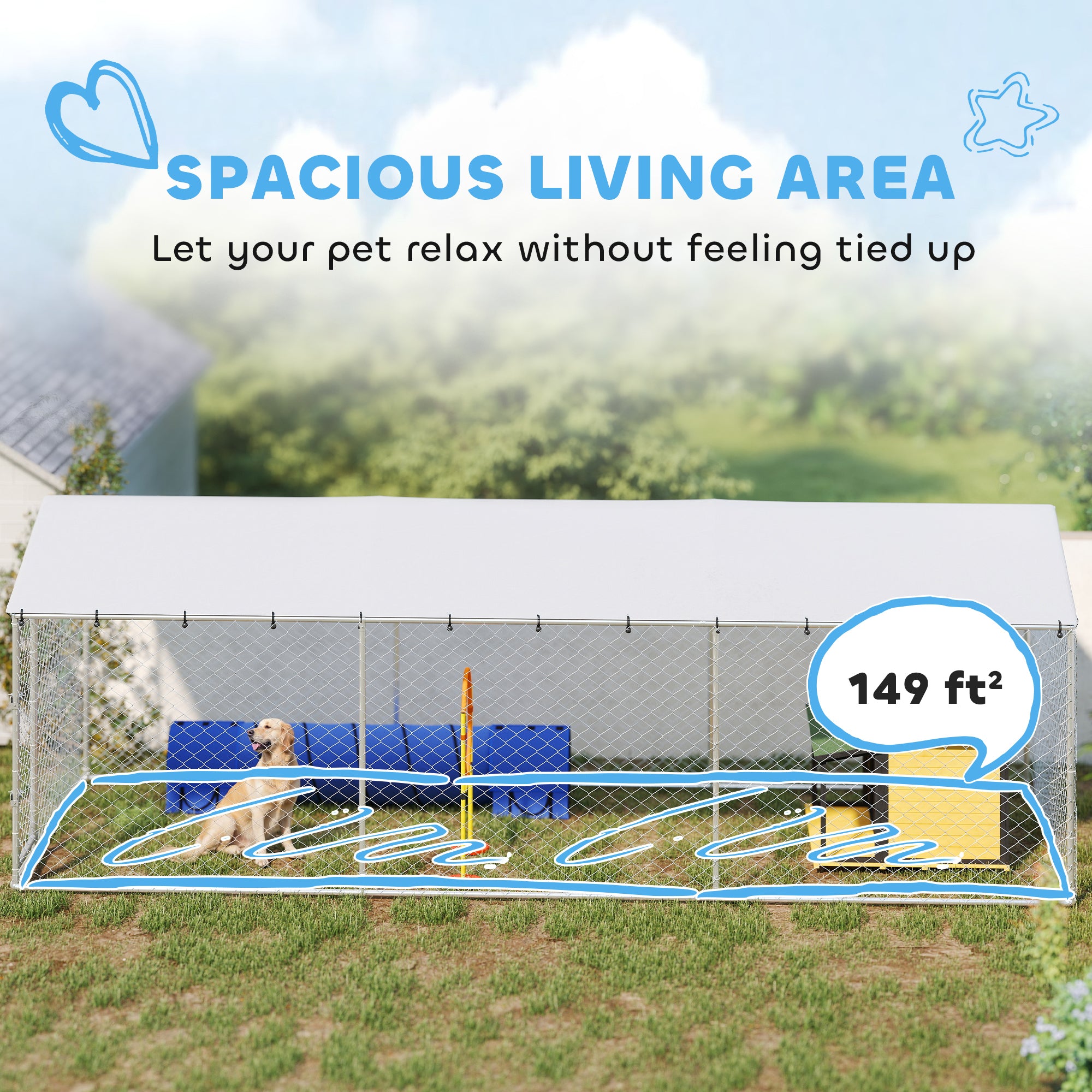 20' x 7.5' x 6.5' Dog Kennel Outdoor for Small Medium Large Dogs with Waterproof Roof, Silver