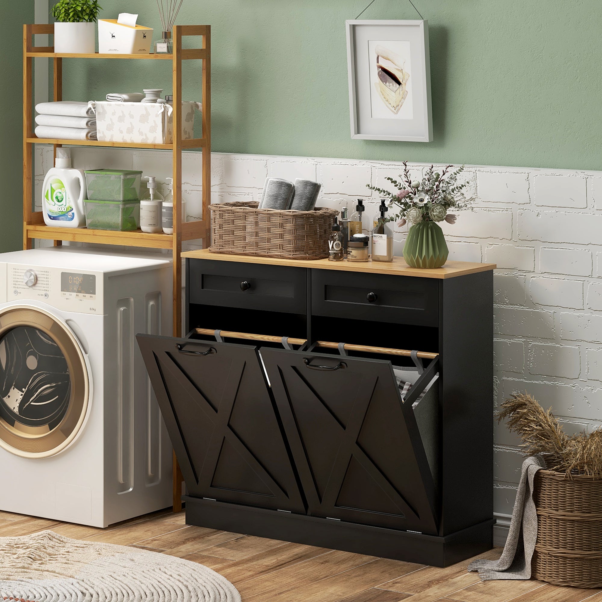 Tilt Out Laundry Hamper Cabinet, Bathroom Storage Cabinet with 2 Removable Baskets and 2 Drawers, Black