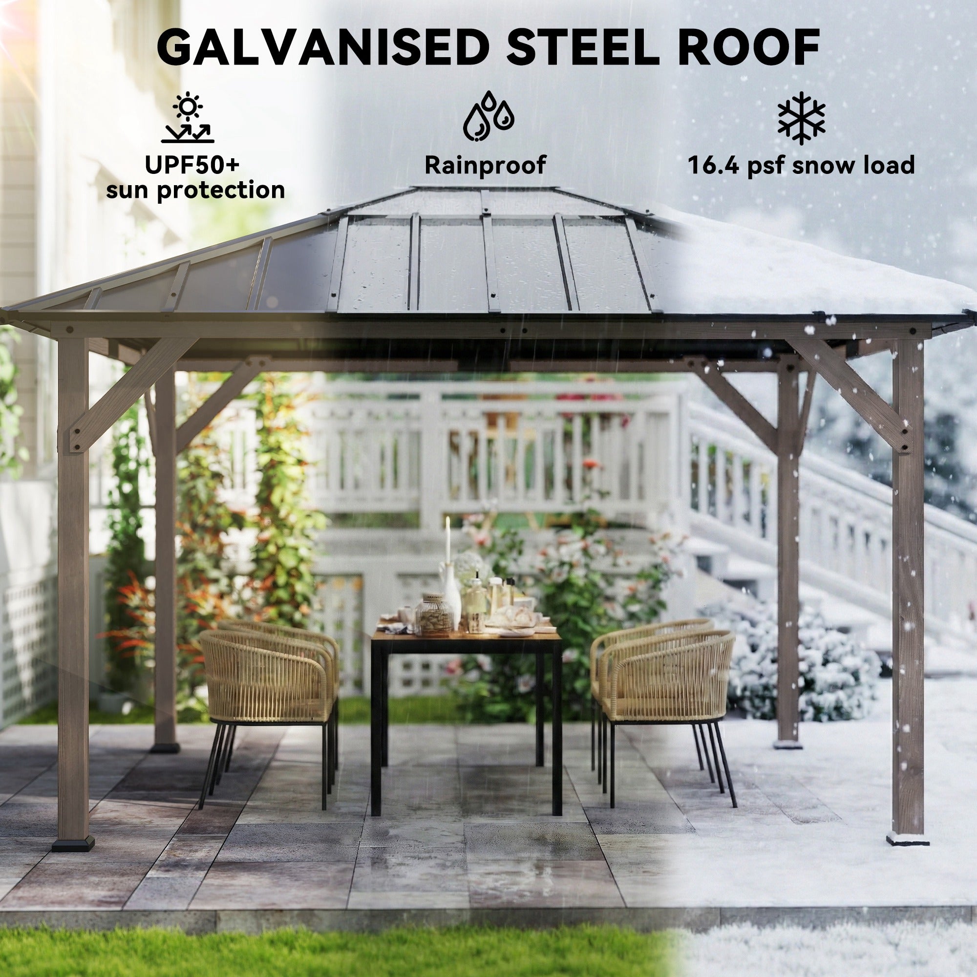 10' x 12' Hardtop Gazebo with Galvanized Steel Roof, UPF50+ Wood Permanent Pavilion with Clear Roof Top, Light Walnut