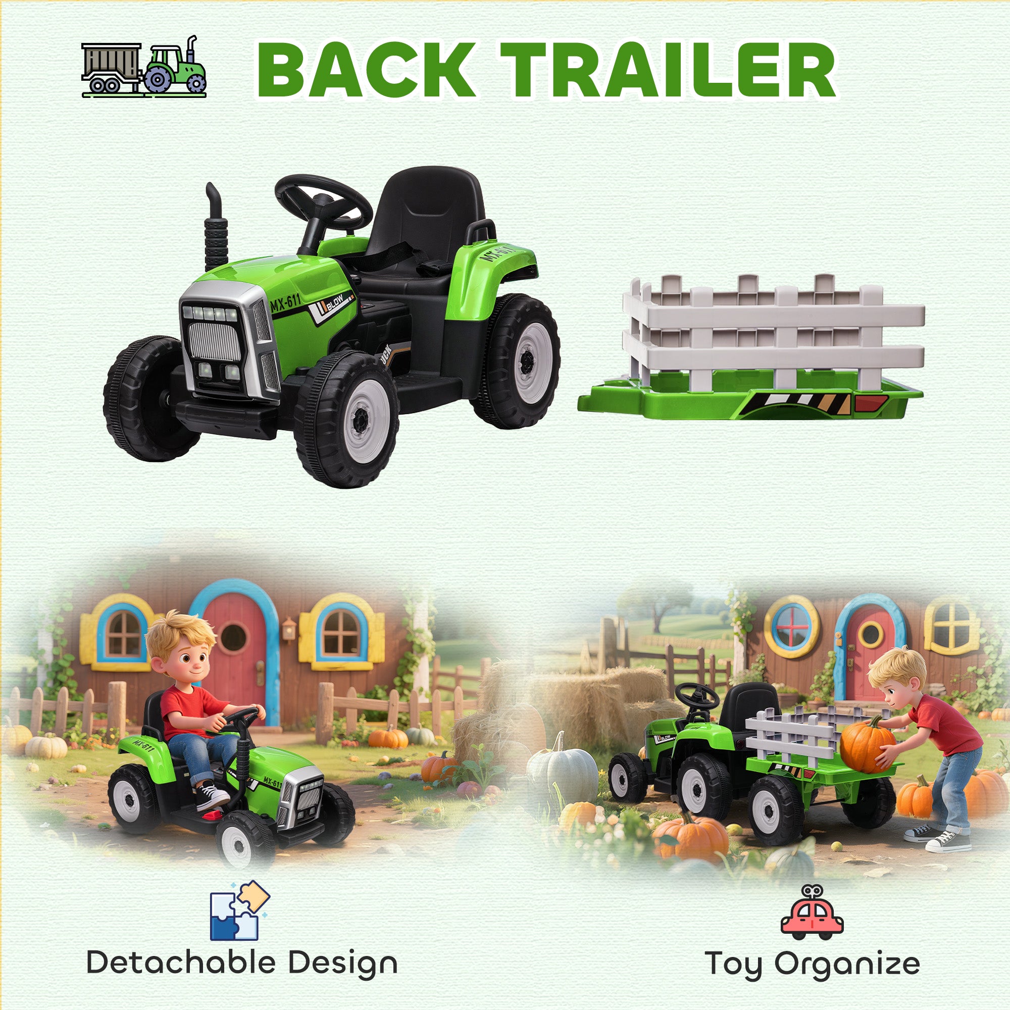 12V Ride on Tractor with Trailer, 25W Dual Motors, Battery Powered Electric Tractor with Remote Control, Music Startup Sound and Horn, LED Lights, Green