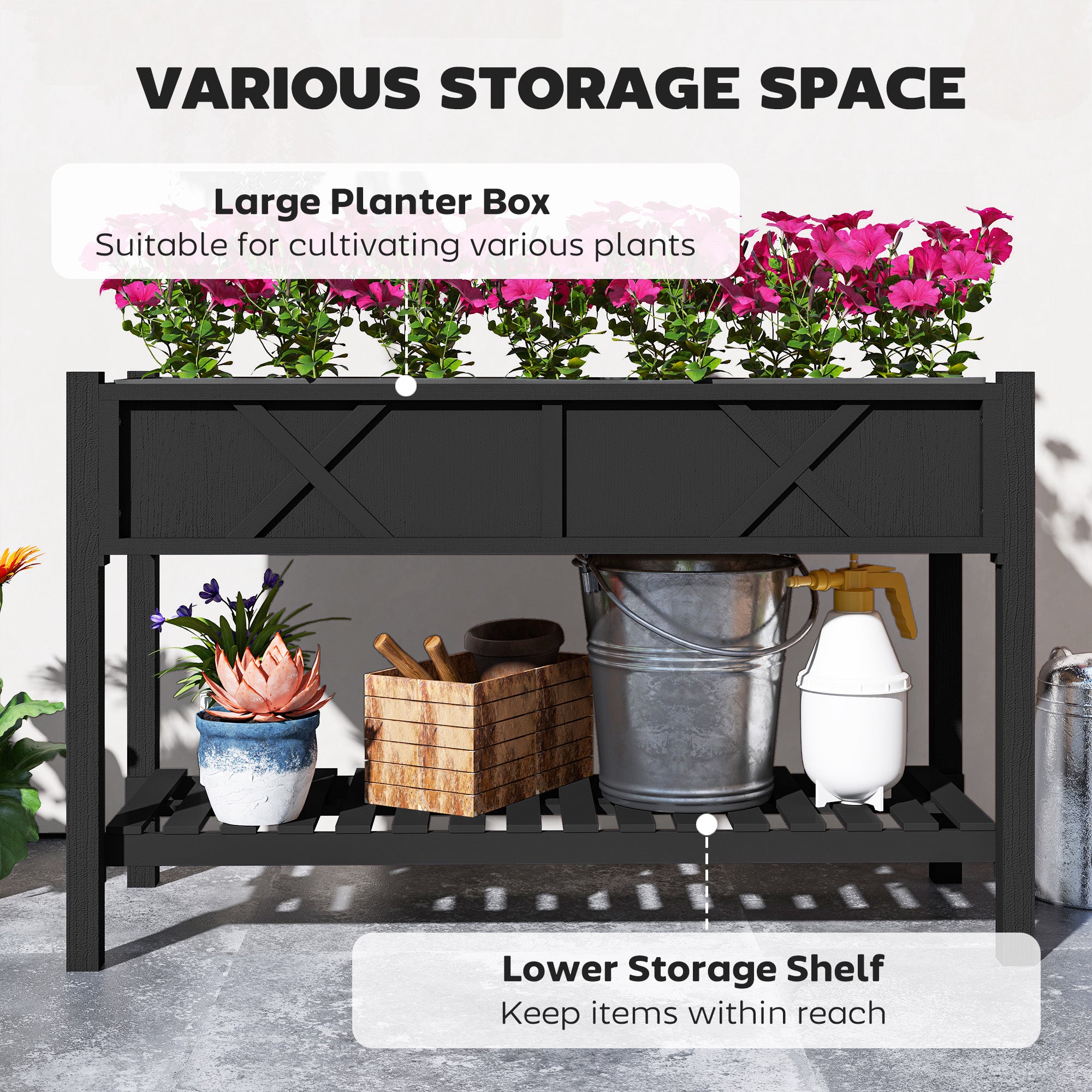 Raised Garden Bed, 47 x 22 x 31.5 in. Elevated Wood Planter Box with Storage Shelf, Drainage Holes, and Liner, Black