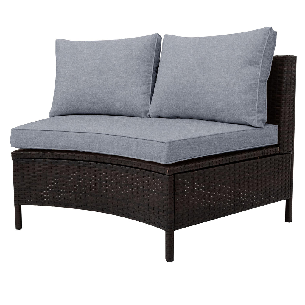 5 Piece Half-Moon Patio Sectional with Glass Table, All-Weather Wicker Sofa with Thick Cushions, 47.5" L x 27" W x 27" H, Grey
