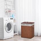 Bamboo Laundry Basket with Lid and String Handles, Collapsible Laundry Hamper with 2 Removable Bags, Brown