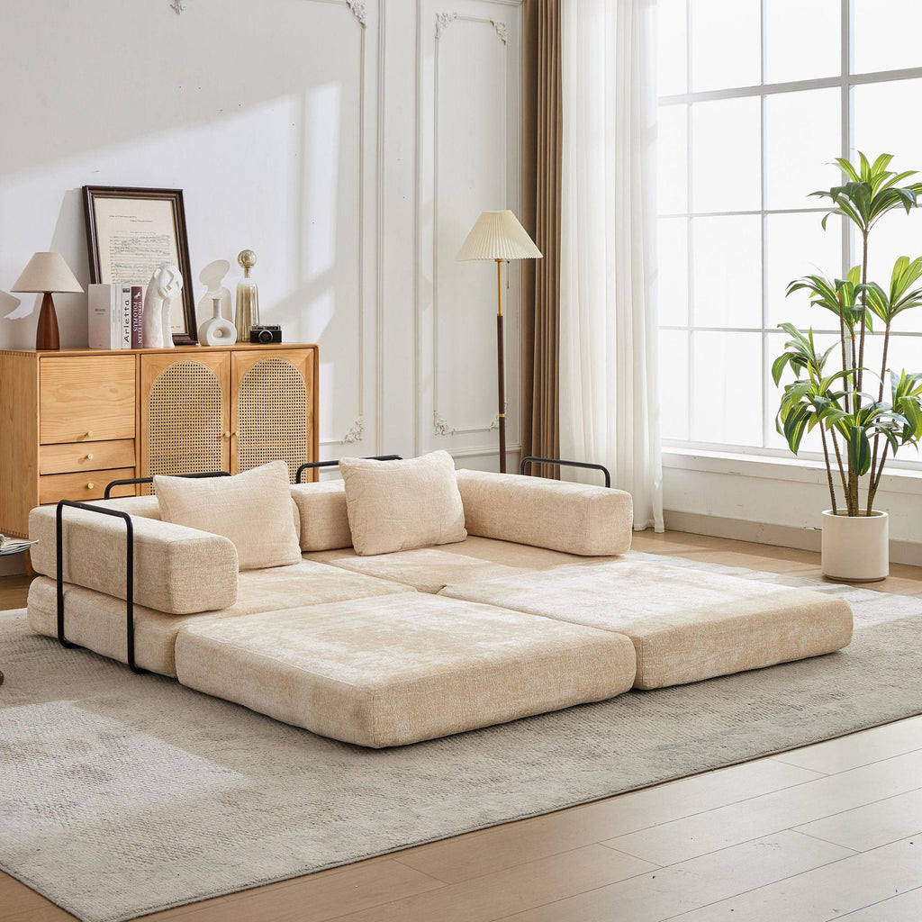 Convertible Sofa Bed Floor Sofa with Fixed-Shape Frame and Chenille Fabric, Compressed Sofa for Living Room, 79" L x 39.5" W x 25" H, Beige
