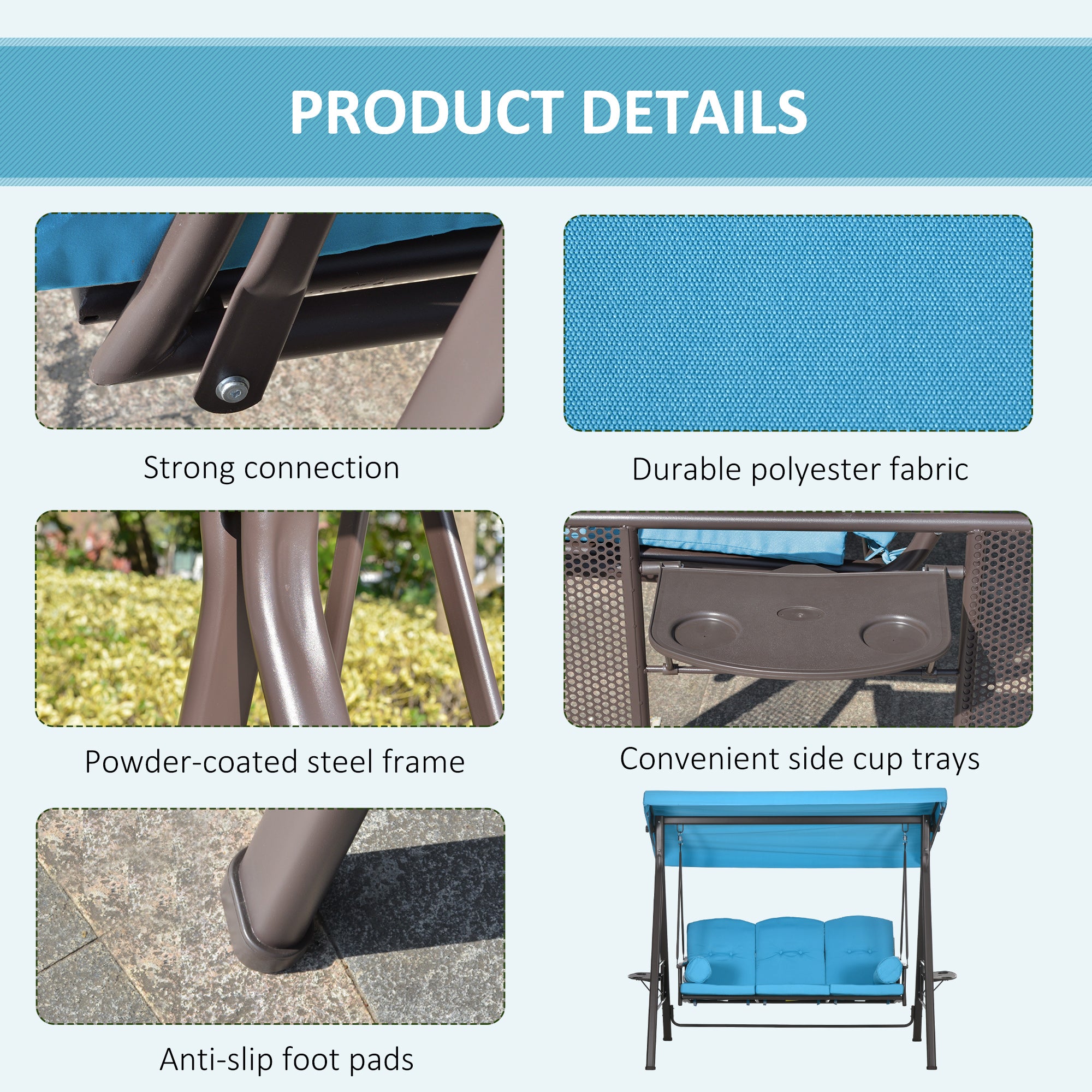 3-Seat Outdoor Porch Swing Chair with Adjustable Canopy, Cushion and Pillows for Garden, Poolside, Blue