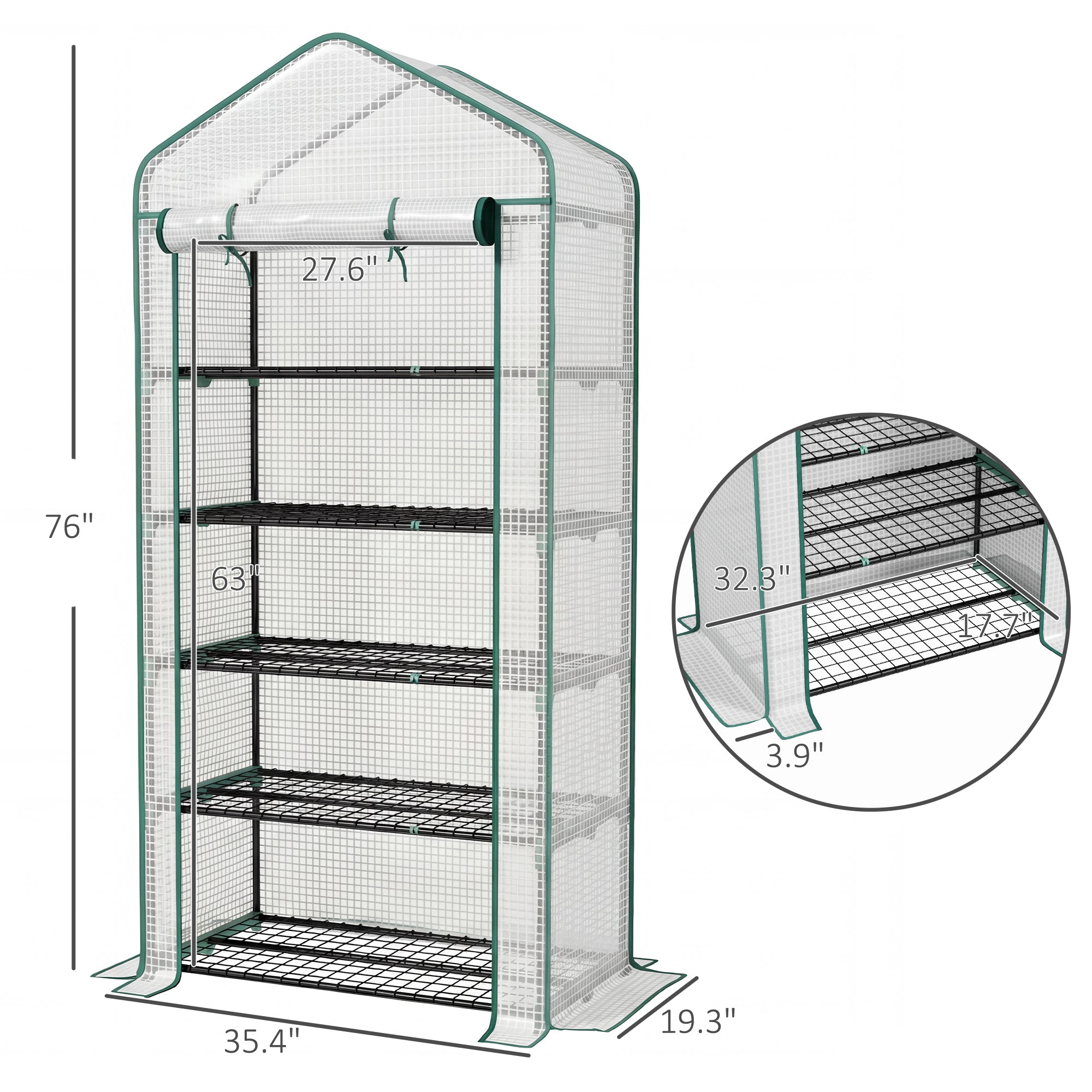 5 Tier Mini Greenhouse, Small Portable Greenhouse with PE Cover, Roll-Up Zippered Door, 76" x 35.4" x 19.3", White