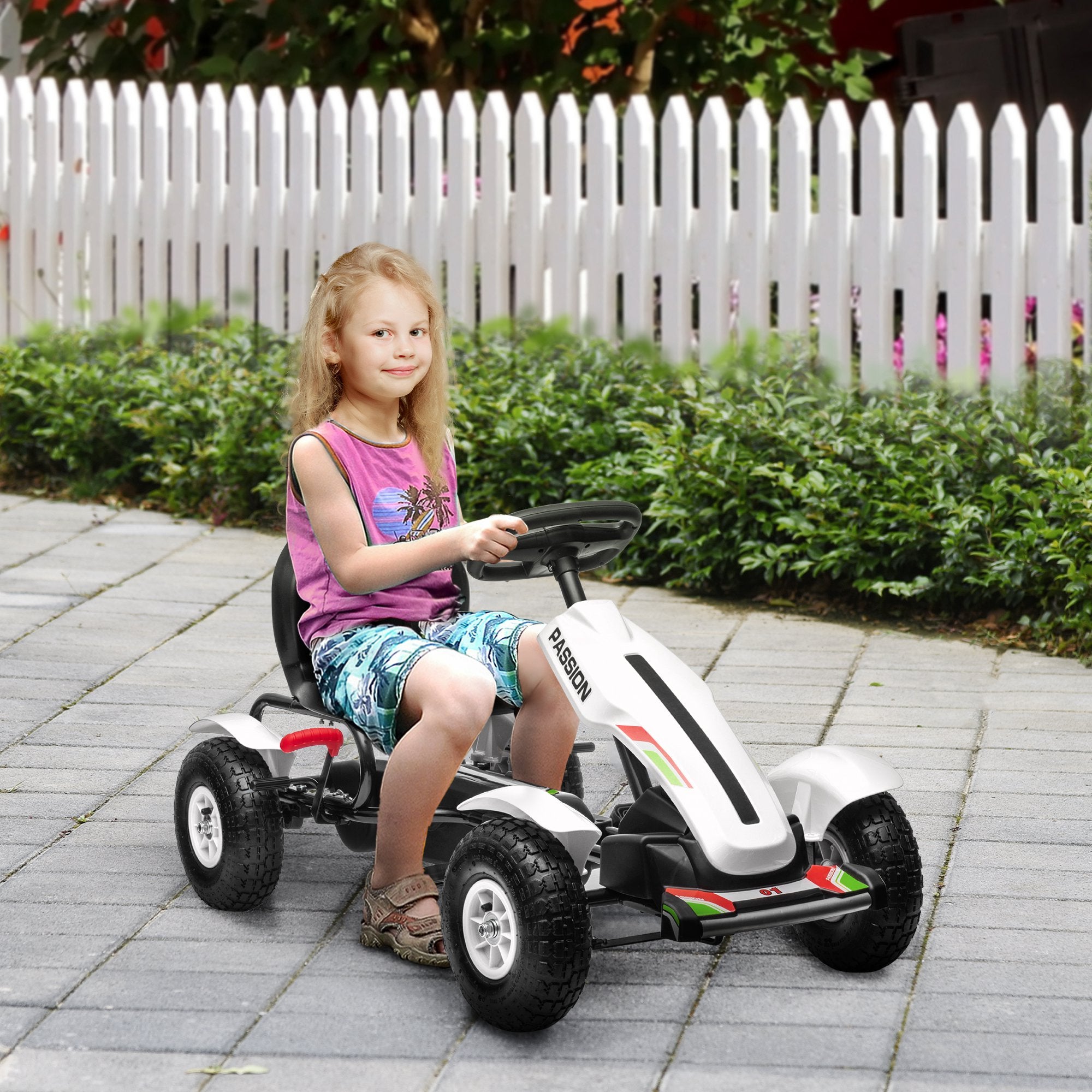 Kids Pedal Go Kart W/ Adjustable Seat, Rubber Wheels, White