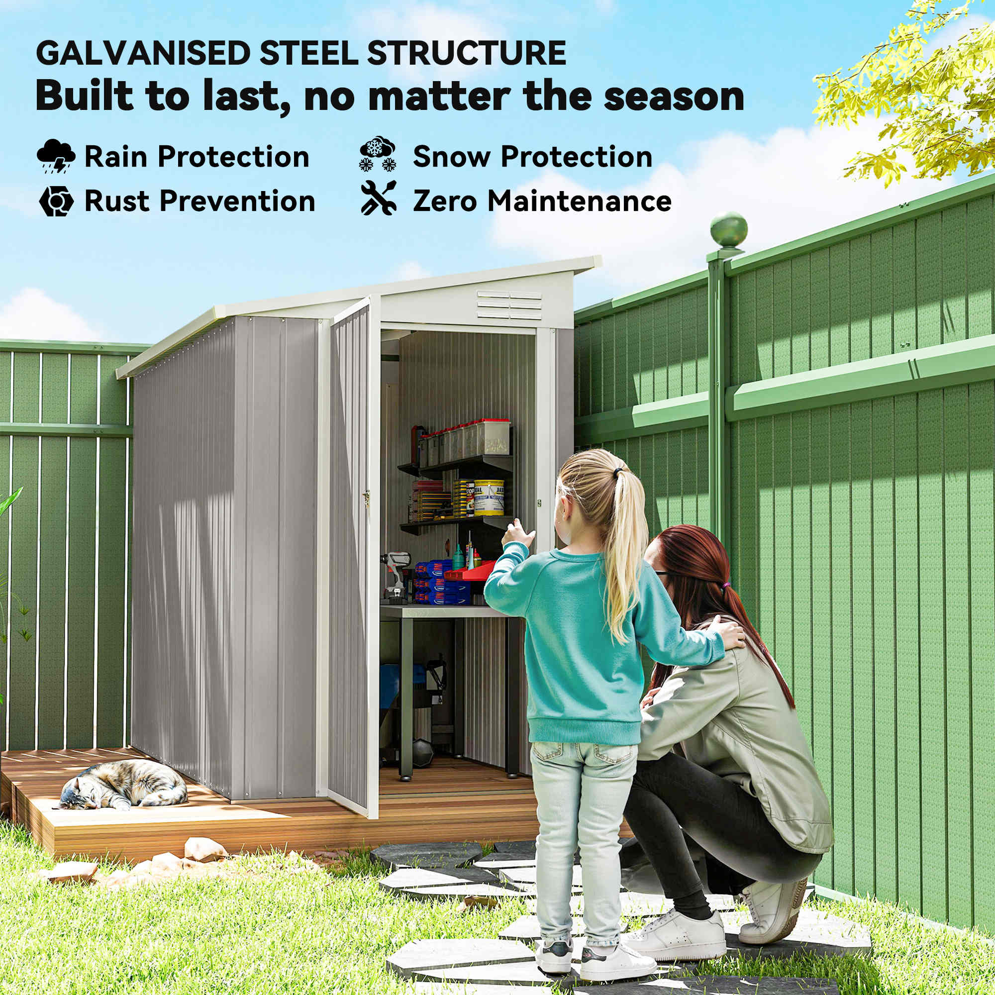 4' x 8' Lean to Garden Storage Shed, Outdoor Metal Tool House with Lockable Door Vents for Backyard Patio Lawn, Light Gray
