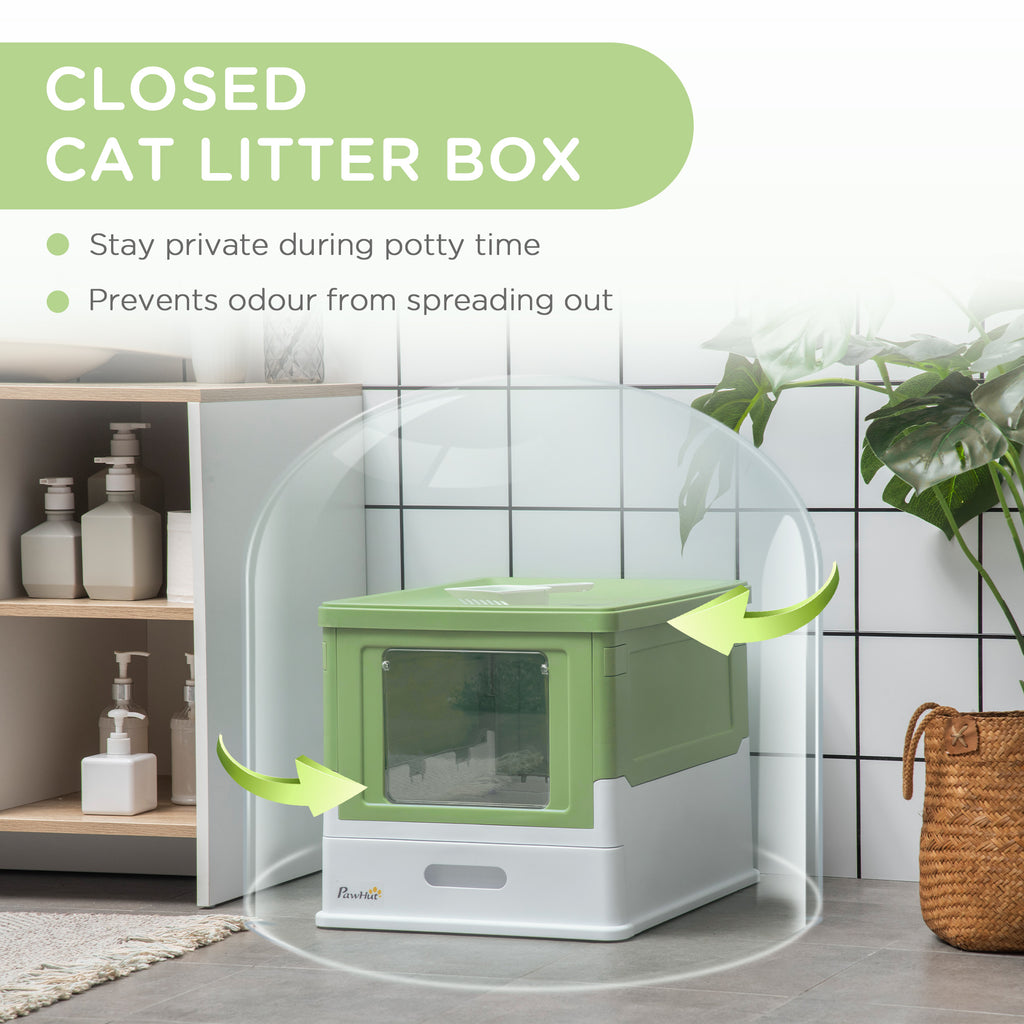 Fully Enclosed Cat Litter Box with Front Entry, Top Exit, Yellowish Green