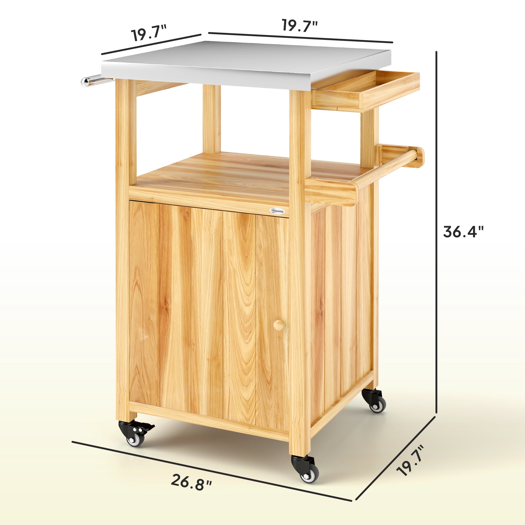 Outdoor Grill Cart w/ Stainless Steel Top, Solid Wood Outdoor Kitchen Island w/ Wheels, Integrated Hole, Natural Wood
