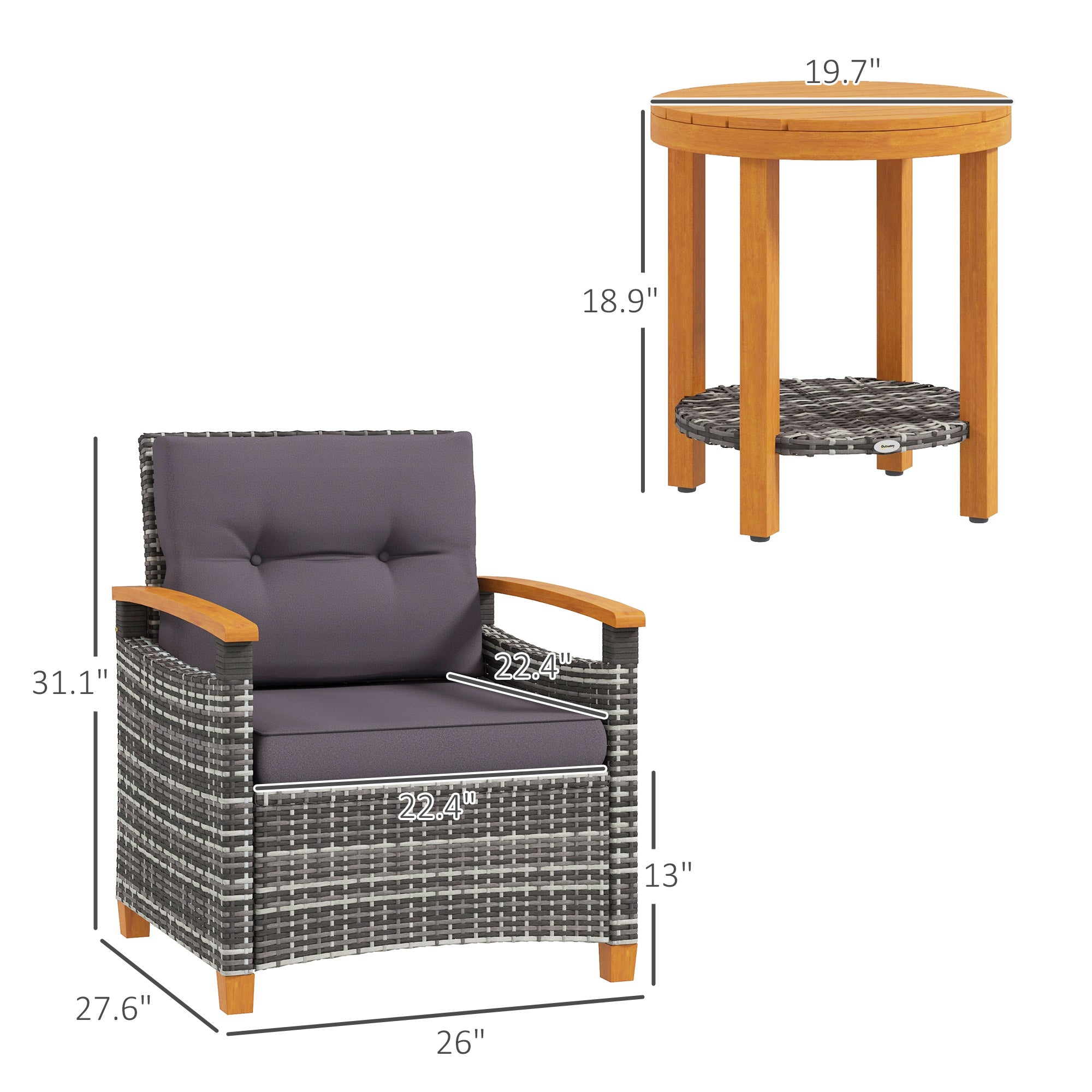Outdoor Bistro Set Wicker Patio Furniture with Cushions for Porch, Backyard, Garden, Gray