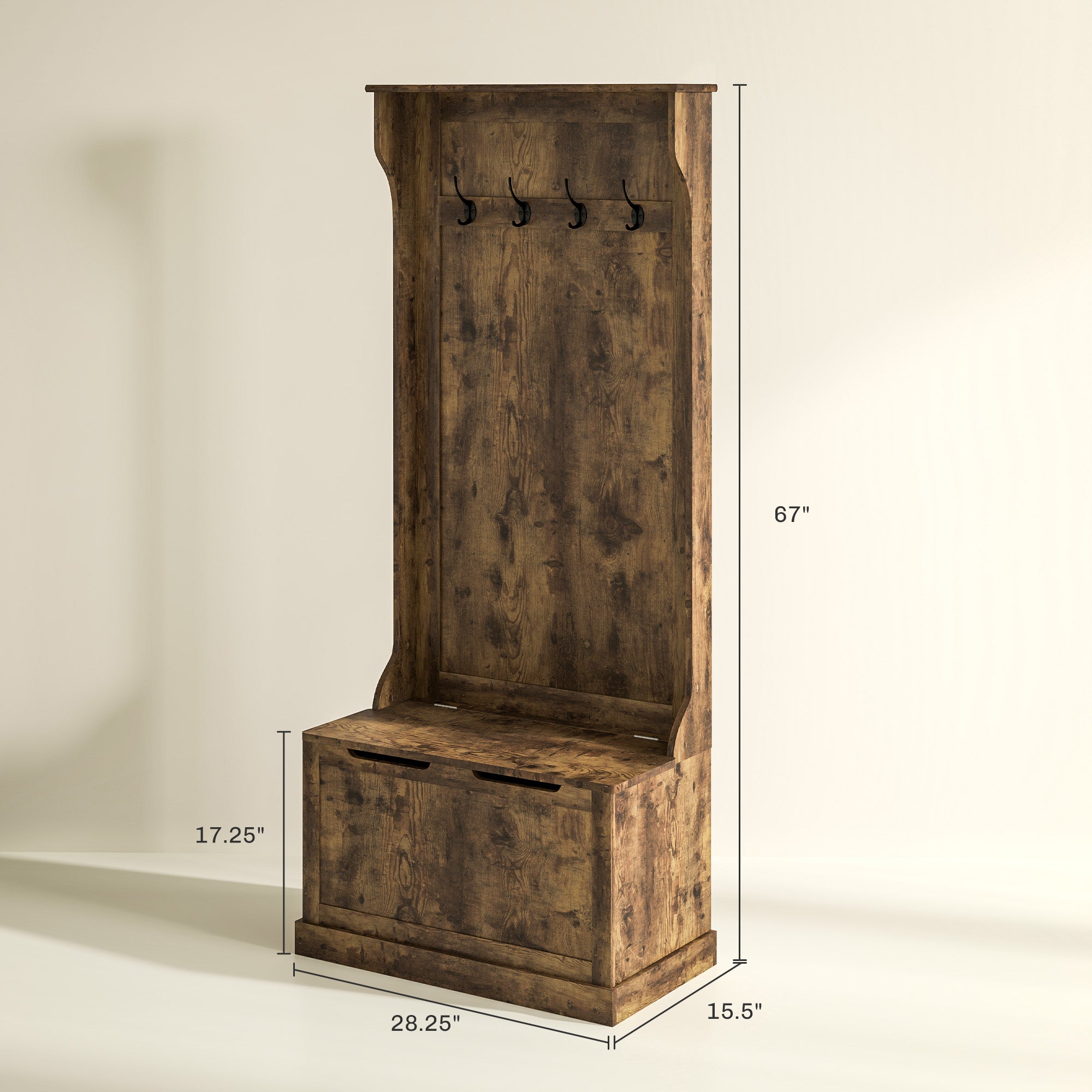 Hall Tree with Coat Rack, Storage, and Sitting Bench, Rustic Brown