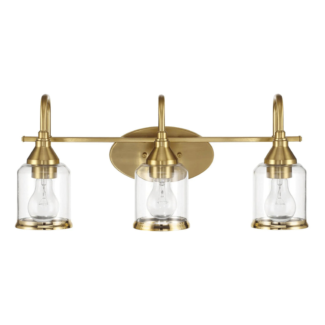 Twilight Three-Light Vanity Light with Contemporary Design, Brushed Gold Finish, Clear Glass, 7.5" L x 22" W x 10" H, Clear+Gold