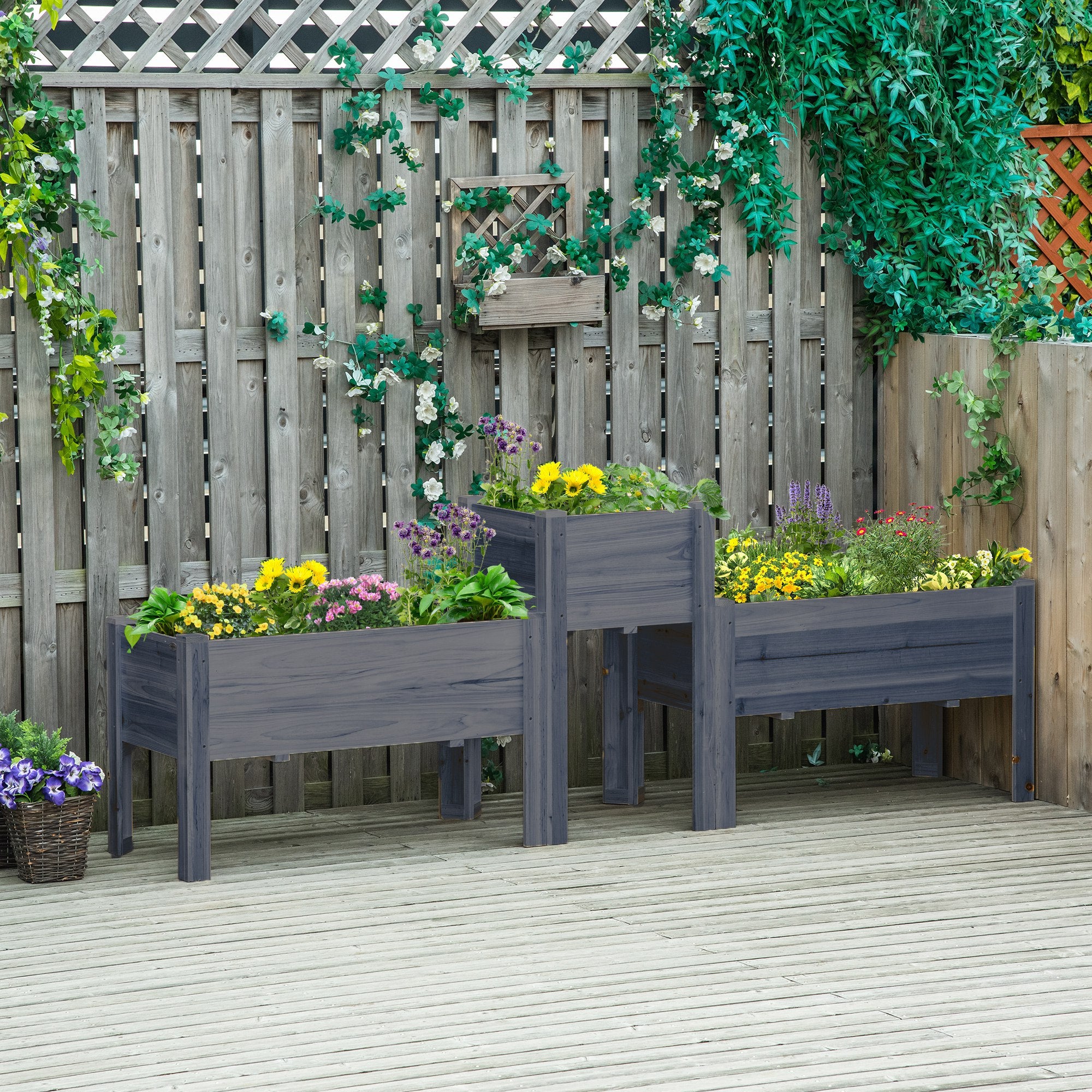 Raised Garden Bed Set of 3, Wooden Elevated Planter Box with Legs and Bed Liner, for Backyard and Patio to Grow Vegetables, Herbs, and Flowers, Gray