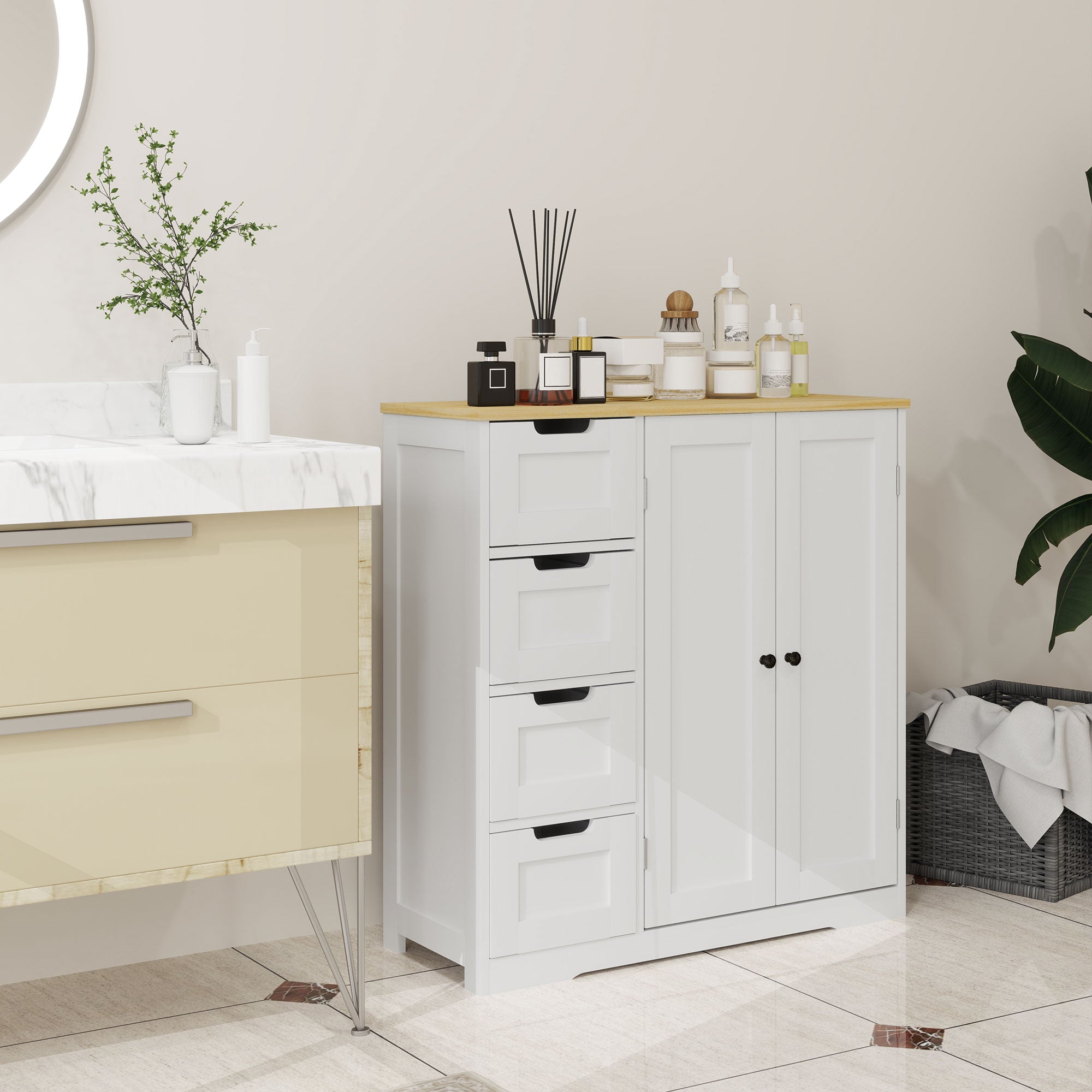 Freestanding Bathroom Floor Cabinet, Modern Bathroom Cabinet with Adjustable Shelf, 4 Drawers and 2 Doors, White