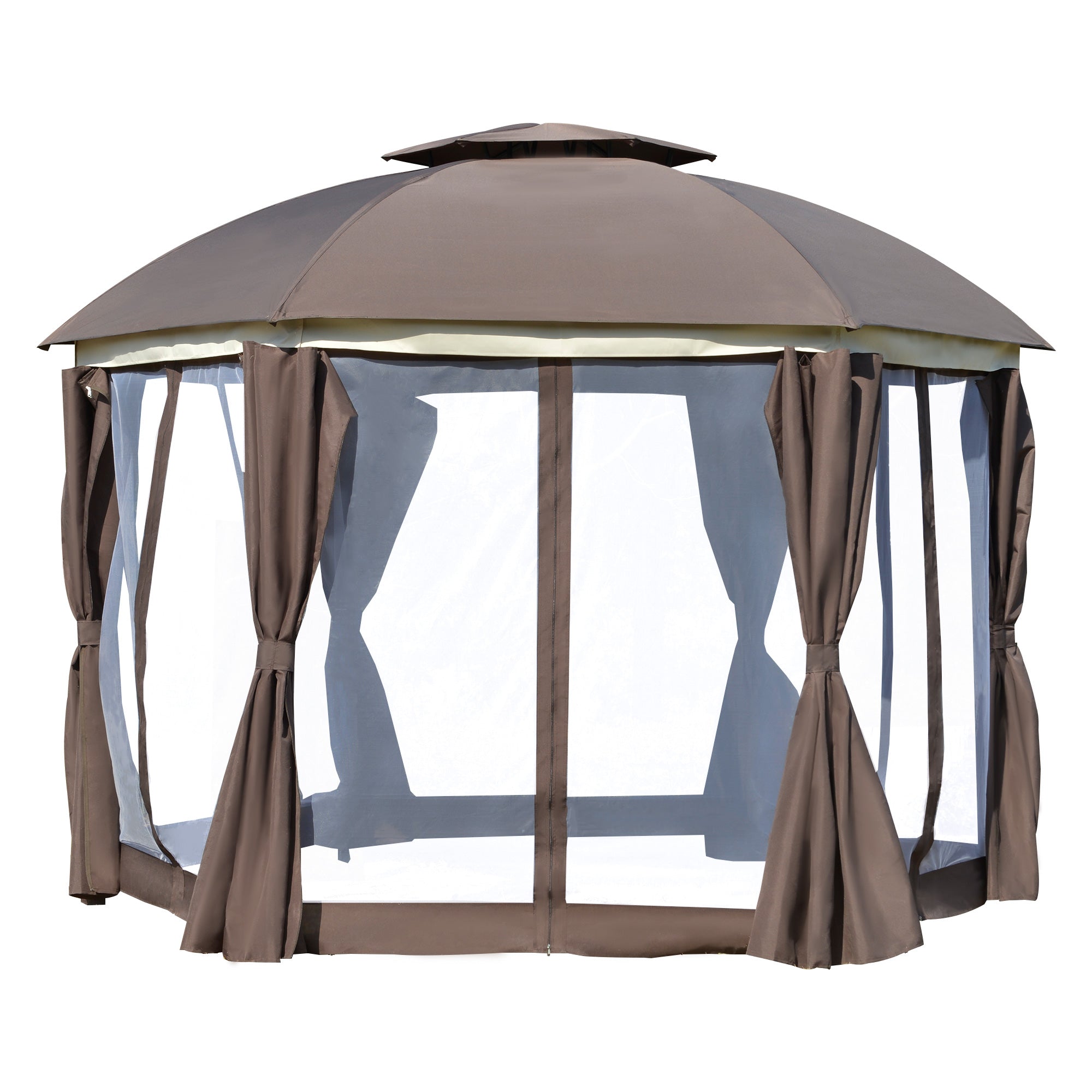 12' x 12' Round Outdoor Gazebo, Patio Dome Gazebo Canopy Shelter with Double Roof, Netting Sidewalls and Curtains, Zippered Doors, Strong Steel Frame, Brown