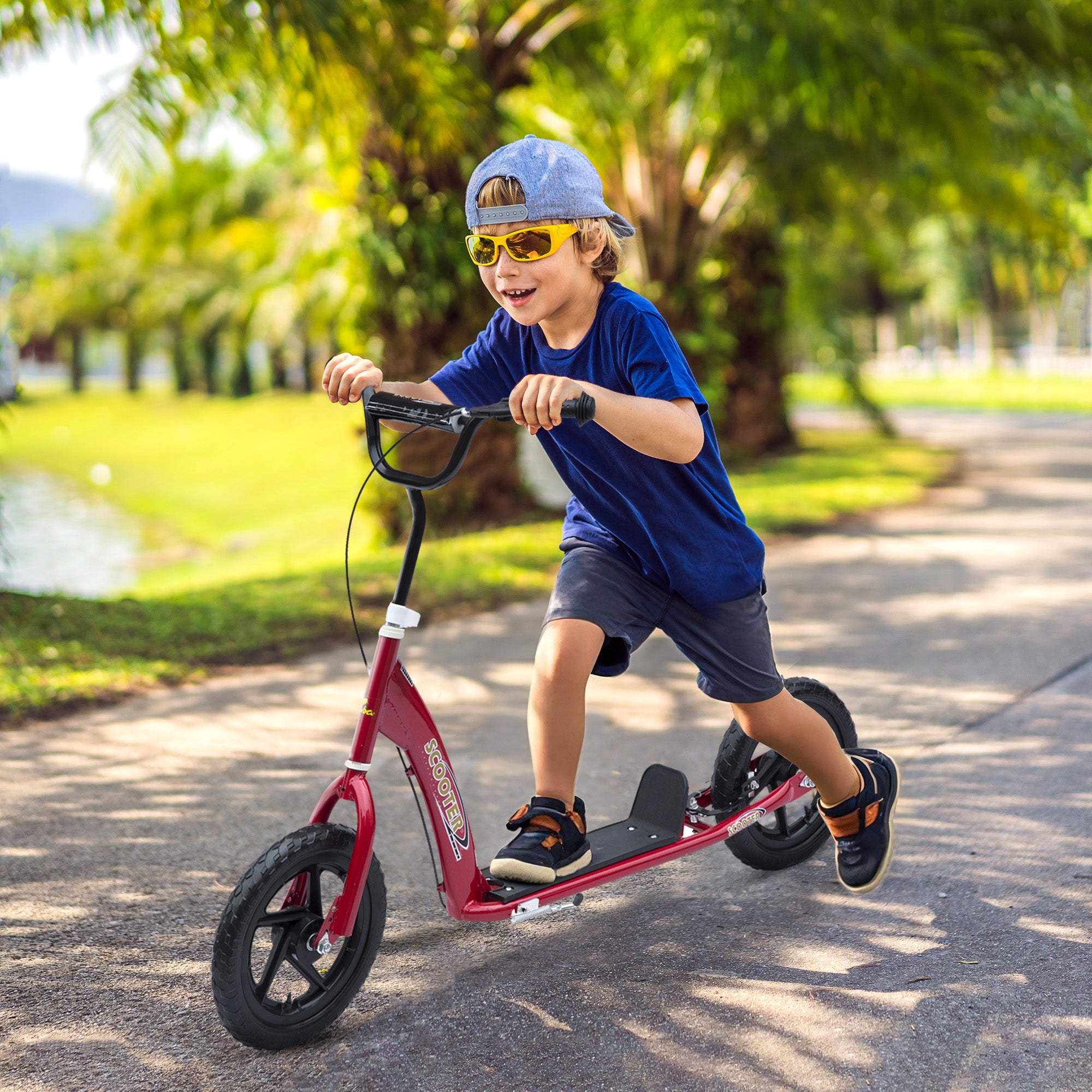 Kick Scooter for Kids 5-12 Years Old with Adjustable Height Handlebar, Non-slip Footplate, Big Wheels, Rear Brake, Red