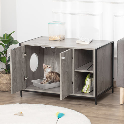 Large Wooden & Steel Cat Litter Box Enclosure, Kitten Washroom End Table, Indoor Hidden Cat House with Magnetic Doors & Storage Shelves, Gray