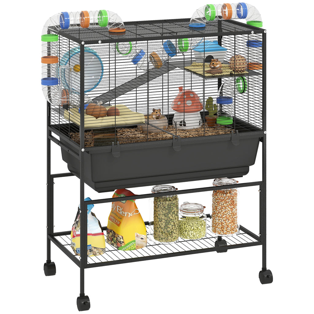 3 Tier Hamster Cage, Rolling Rat Cage with Deep Tray, Storage Shelf, Big Exercise Wheel, Hut, Tube System