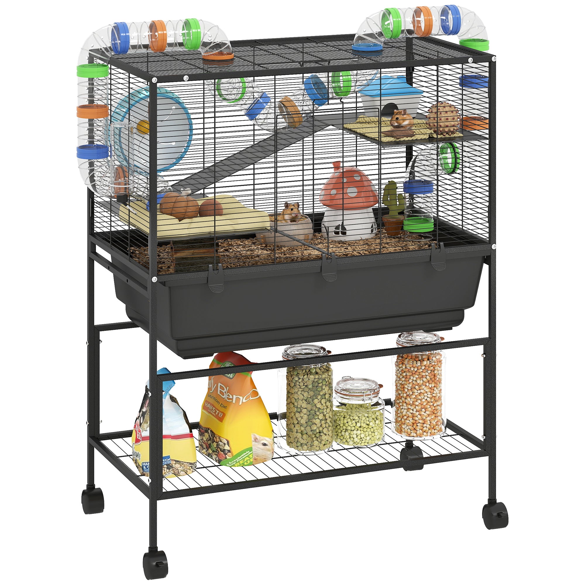 3 Tier Hamster Cage, Rolling Rat Cage with Deep Tray, Storage Shelf, Big Exercise Wheel, Hut, Tube System